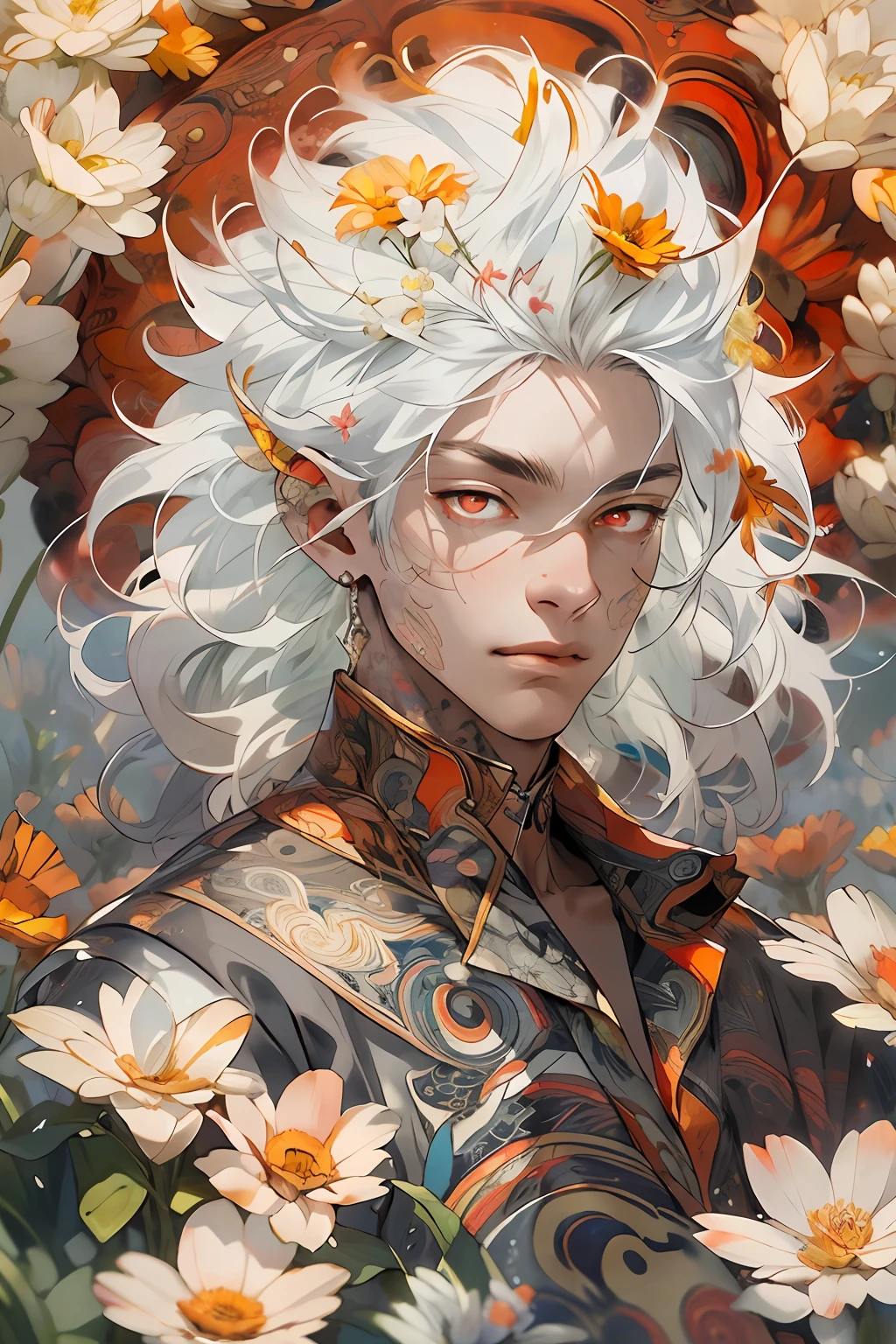 Realistic, (Masterpiece, Top Quality, Best Quality, Official Art, Beauty and Aesthetics: 1.2), Very Detailed, Fractal Art, Colorful, Most Detailed, Zentangle, (Abstract Background: 1.5) (1boy: 1.3), God, White Hair, Short Hair, (Glowing Red Eyes), Mysterious, (Magic), Ice, Handsome Man, ((Other Shore Flower, Garlic)), Yellow Spring, Hell