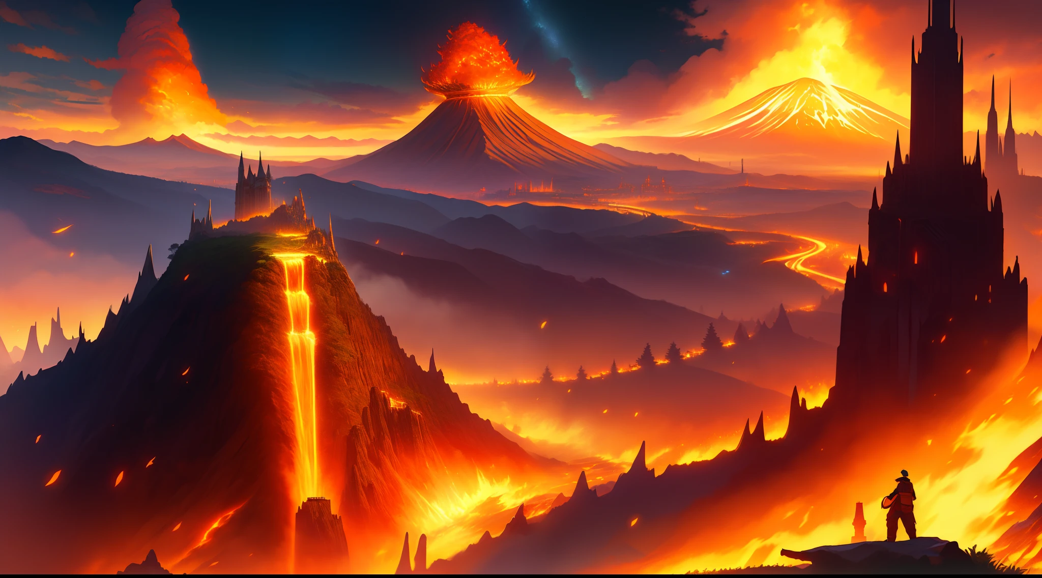 "A masterpiece with optimal quality: seul au monde, A man from behind on a steep mountain, orange sky, offering stunning views of a grandiose landscape revealing a fantastic city with tall towers, and a single monstrous volcano erupting in the distance, la ville n'est pas en feu."