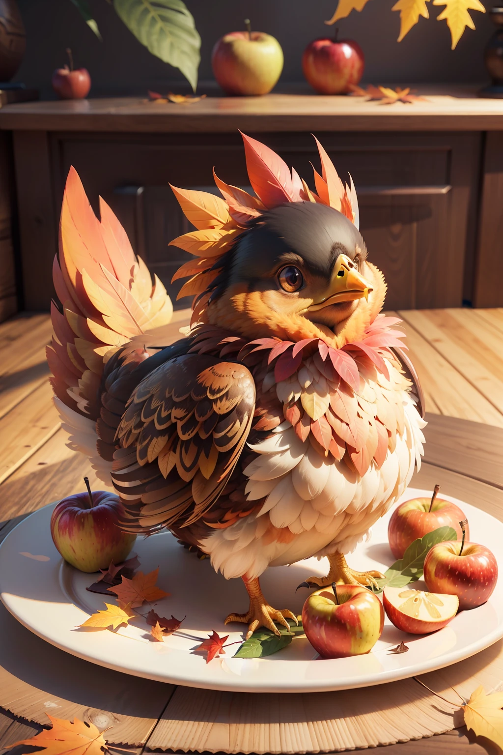 3D illustration, cute front cover with cute cartoon cheerful colorful turkey with big turkey feathers, luxurious tail feathers, roasted in a plate on the table among apples, autumn colorful leaves
