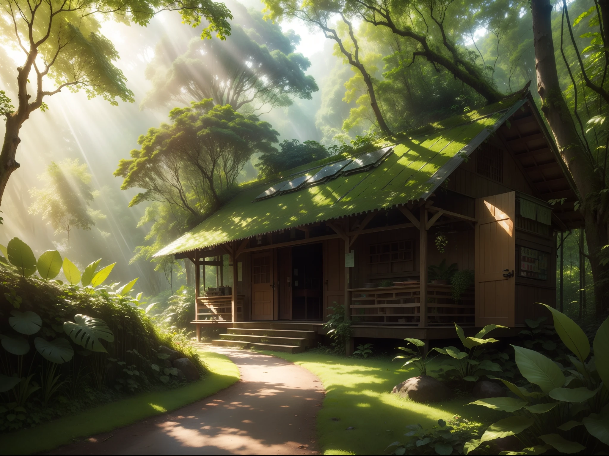 lush green forest, rays of sunshine, foliages, rivulets, Birds, Song, Recycled materials, Duan, solar panel, teto, nature reserve, sign, a plant, Animals, Beautiful coexistence