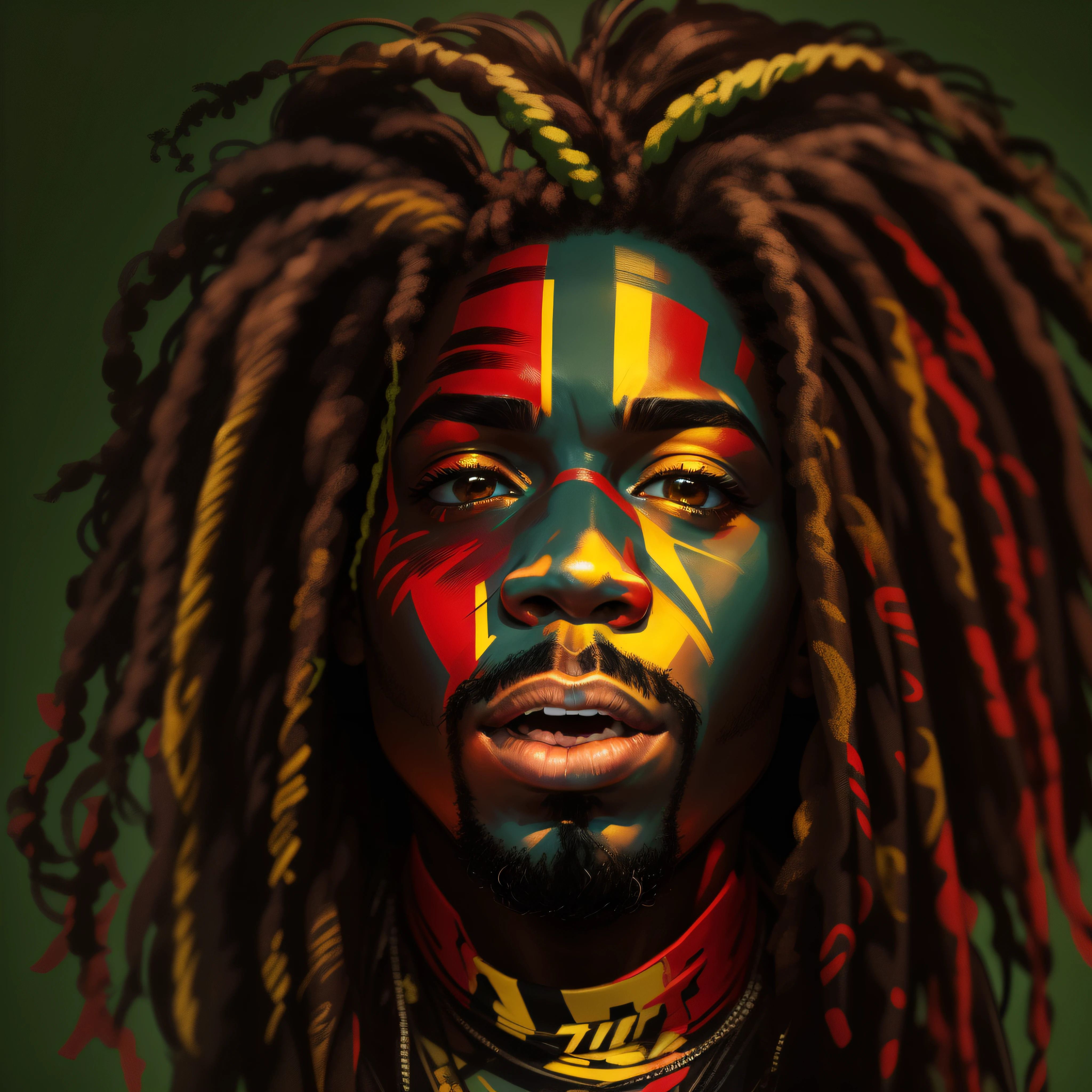 Create a logo with the head of a black man with dreadlocks in black colors, verde, amarelo e vermelho (olhando para a frente) , imagem estilo logomarca , Sober, (fundo preto), Image with resolution of at least 300dpi, UHD 8k, Very high quality for excellent printing. Lighting that highlights the figure in relation to the background, cores do reggae, Estilo da camada de disco