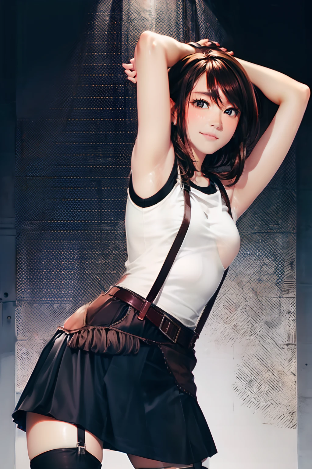 skirt by the, Tank Tops suspenders, Brown hair short, Gray eyes, holster, Garter belt on the legs, moderate chest and tight clothes, a belt Armpit sweat deadpan