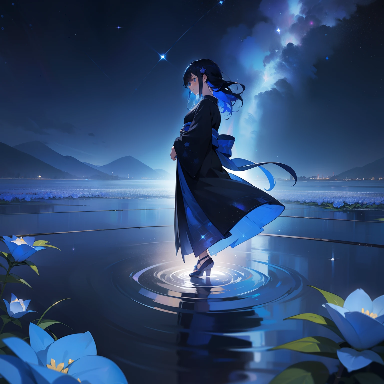 beautiful night、In the sparkling starry sky、One girl stood。Her hair is a colorful shade of black and blue.、It was like a star in the night sky.。The same goes for the kimono she wears.、It is woven in colorful blue and black.、The beauty was as if God had blessed it.。At foot、There are many blue roses in bloom.、The scent was as pleasant as pure water.。This location is、A place where miracles are born、It felt like a special place blessed by God。This night where beauty and aesthetics intersect,、It will be engraved in your heart forever。