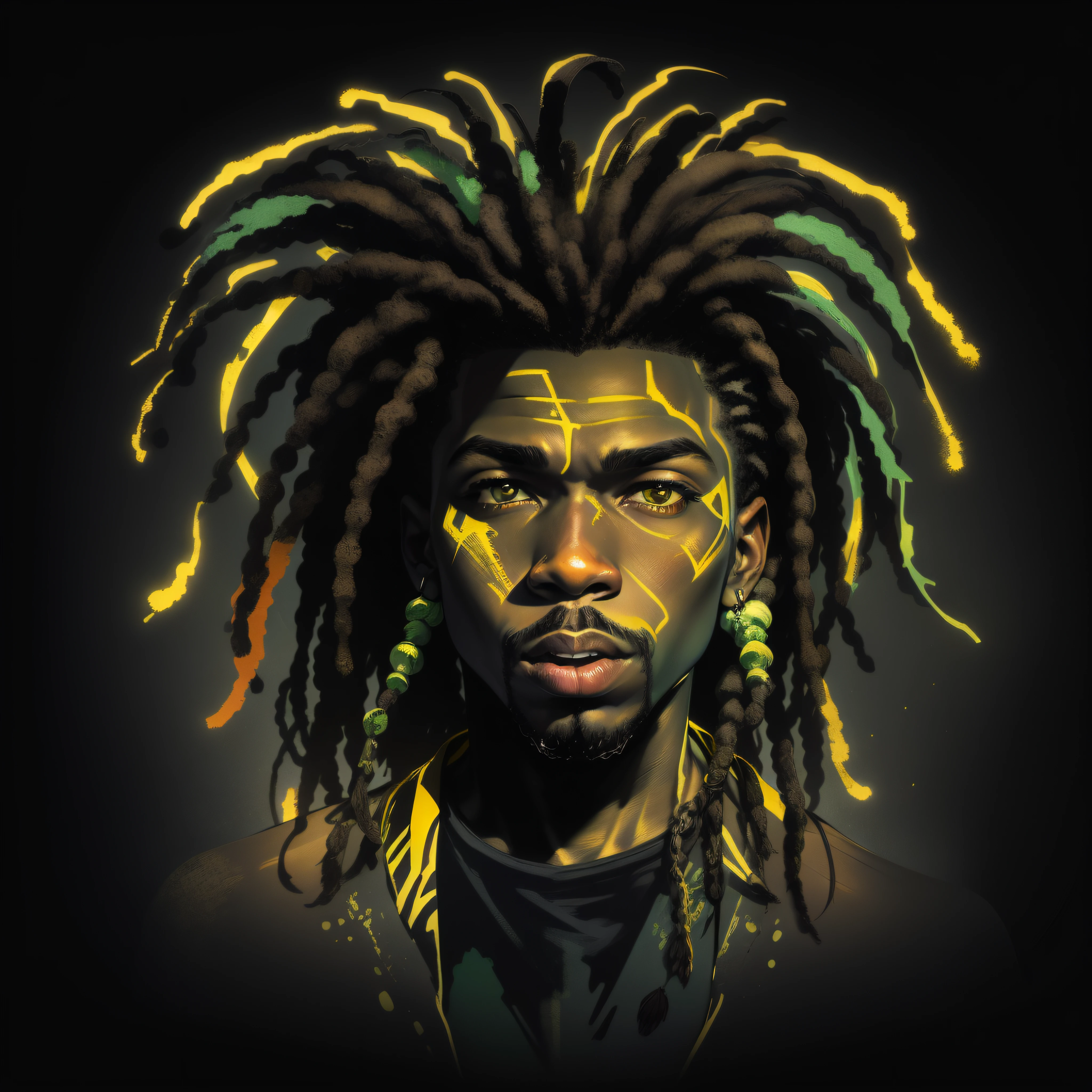 Create a logo with the head of a black man with dreadlocks in black colors, verde, amarelo e vermelho (olhando para a frente) , imagem estilo logomarca , Sober, (fundo preto), Image with resolution of at least 300dpi, UHD 8k, Very high quality for excellent printing. Lighting that highlights the figure in relation to the background, cores do reggae, Estilo da camada de disco