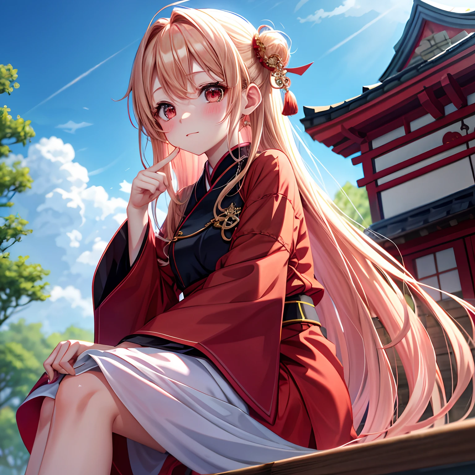 red blush、blonde  hair、red eyes、Beautiful girl alone、animesque、独奏、komono、lonely、sitting on
