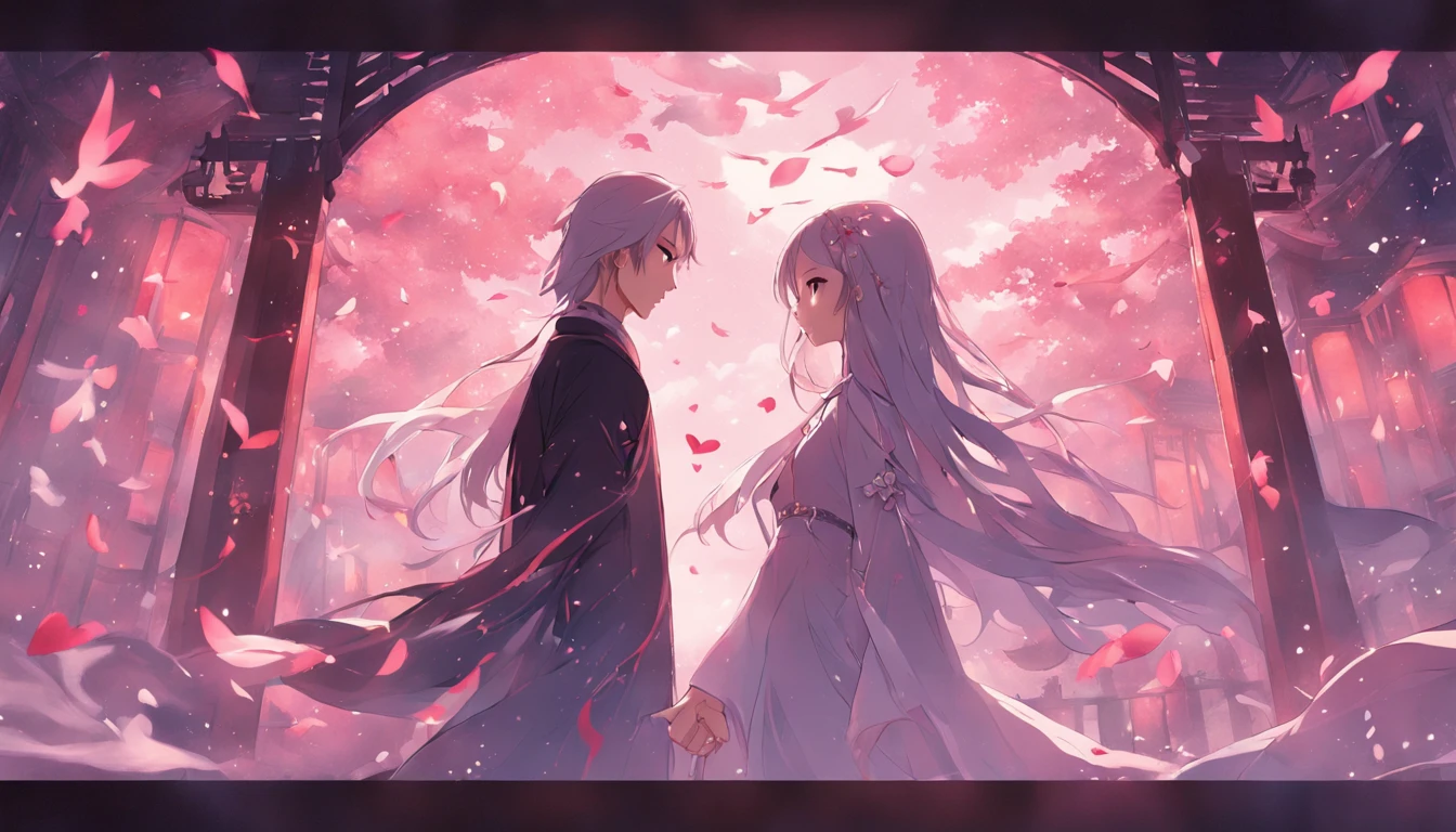 Valentine's Day romantic poster,A couple， wood bridges， magpie， Clouds， Skysky， themoon， the night， wide wide shot， ，Hanfu，long whitr hair， sideface， Eye contact， take hand， The light from the back window is backlighted， The light from the back window is backlighted， flying petal，（tmasterpiece：1，2）， best qualityer， tmasterpiece，