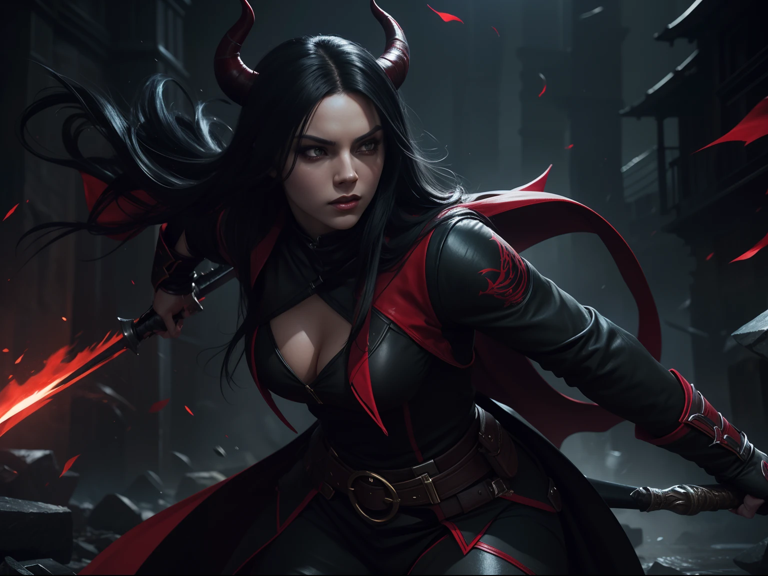 a beautiful 25 years old Tiefling female assassin, with long black hair, wearing black and red assassin outfit, splash art style, battle ready pose, dynamic angle shot, photo realism, volumetric lighting, intricate hand details, highly detailed, vibrant colors, cinematic, neoprene, featured on Unsplash, stylized digital art, 8k, trending on Artstation