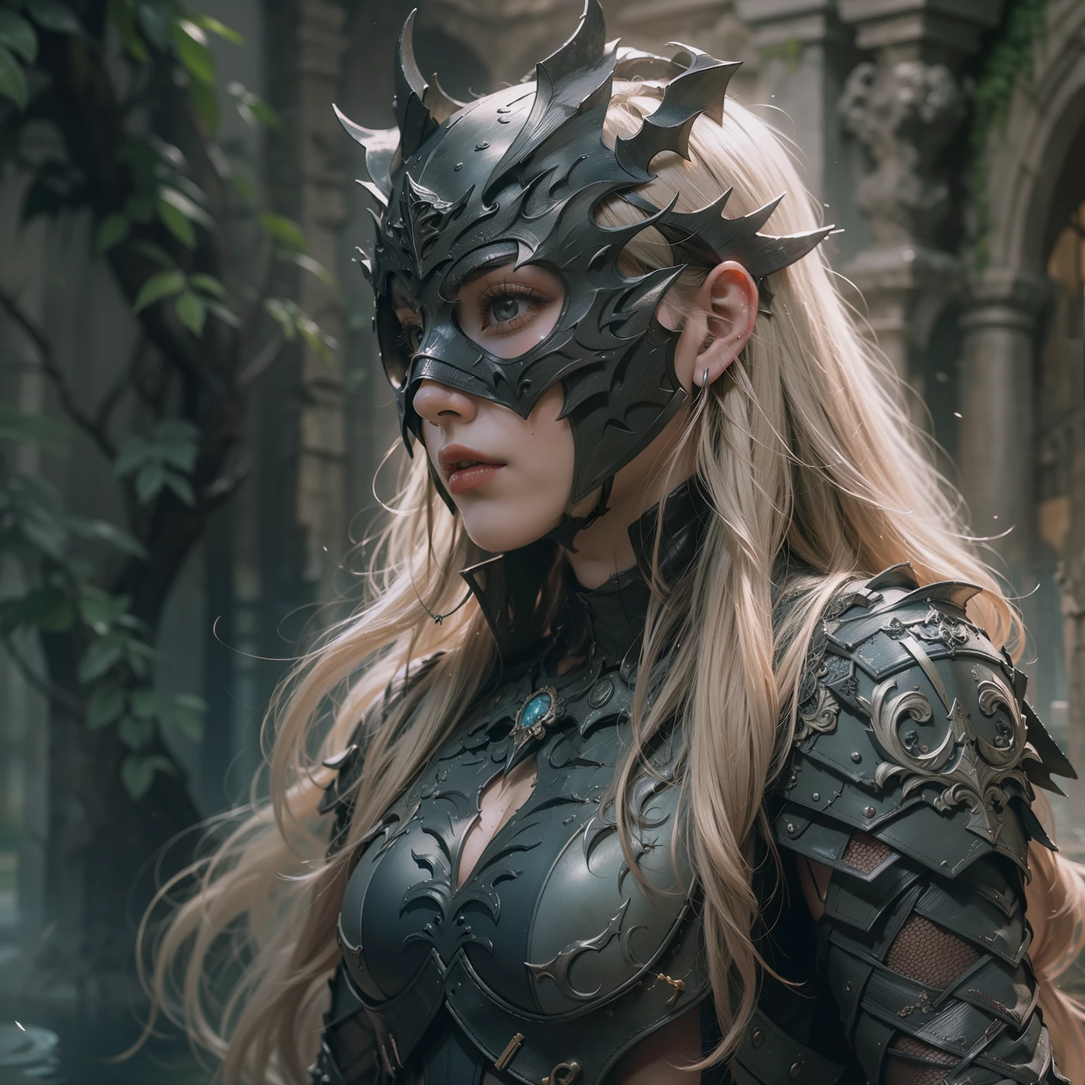 Numerous award-winning masterpieces of, With incredible details, textures and maximum detail, Black leather mask, (knight in black), delicate embellishments, (Black full body armor,Exquisitely decorated), (((Not wearing a helmet))), (((full-body portraits))), ((head looking up)), ((Looking down)), (((full-body standing image))), (dramatic pose), (gorgeous posture), (Beautiful pose), Beautiful silver hair, beautiful blonde hair ,black web robe, Spider on armor, Black blade in hand, Strong warriors, Agile Warrior, ((medieval world)), fantasy, ((Dramatic photo)), ((dynamic photo)), Full body view, Highly detailed, Ultra-realistic, Intricate details, Painting (artwork of a), ((Masterpiece,Best quality)), ((Cinematic light)), Ultra photo realsisim, fearsome, Dark fantasy , Detailed armor, Detailed helmet, epic realistic, Faded, ((com cores neutras)), art, (hdr:1.5), (pastel colour:1.2), ultra - detailed, (Art Station:1.5), Cinematic, warm lights, Dramaticlight, (Intricate details:1.1), the complex background, (greg rutkovsky:0.8), (Teal and orange:0.4), Old ruins infested with plants,Ruins of an old castle, In the dungeon, Ancient Castle Site, Abandoned mine, Deserted ruins, crumbling ruins, Ruins with clear puddles, Ruins with clear ponds, Ruins with clear calm water, Twilight, Sunset, Dusk, wavelets, ripple on water, running water, battlefield,