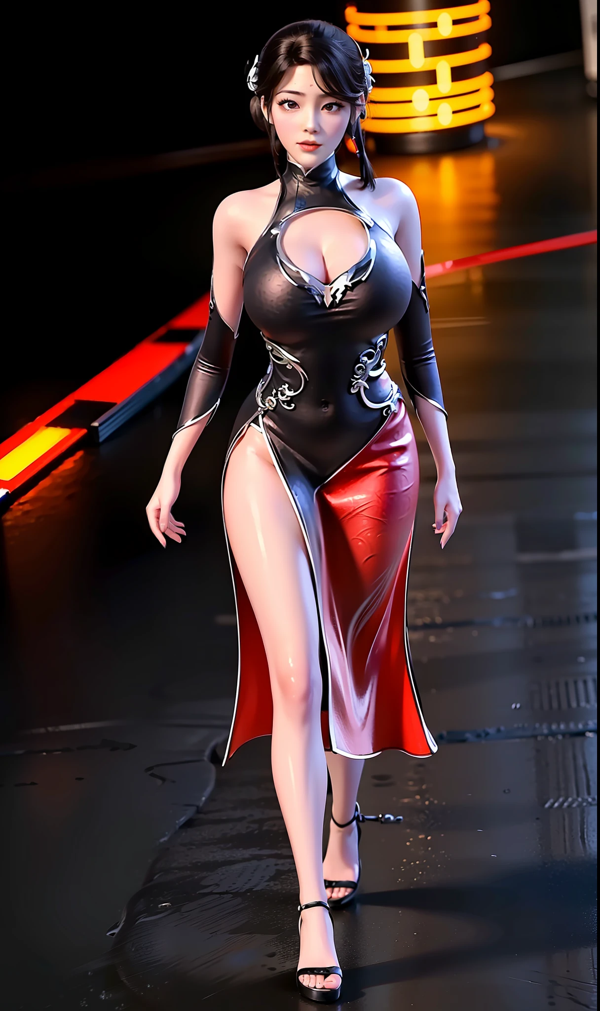(black:1.5), (huge round boobs:1.3), (black:1.5) qipao Dress, milf, solid background, walking down on street, full figure.