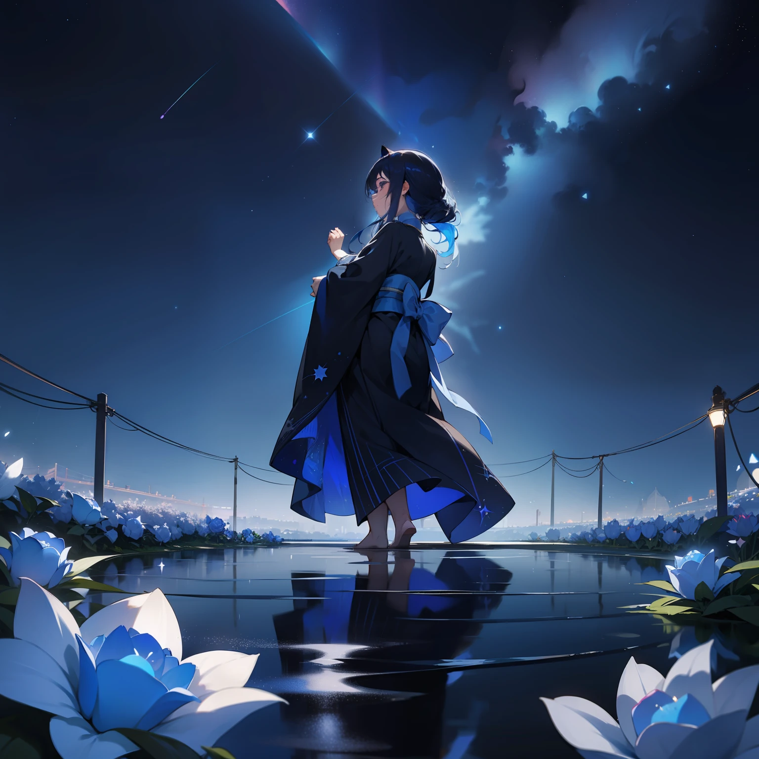 beautiful night、In the sparkling starry sky、One girl stood。Her hair is a colorful shade of black and blue.、It was like a star in the night sky.。The same goes for the kimono she wears.、It is woven in colorful blue and black.、The beauty was as if God had blessed it.。At foot、There are many blue roses in bloom.、The scent was as pleasant as pure water.。This location is、A place where miracles are born、It felt like a special place blessed by God。This night where beauty and aesthetics intersect,、It will be engraved in your heart forever。