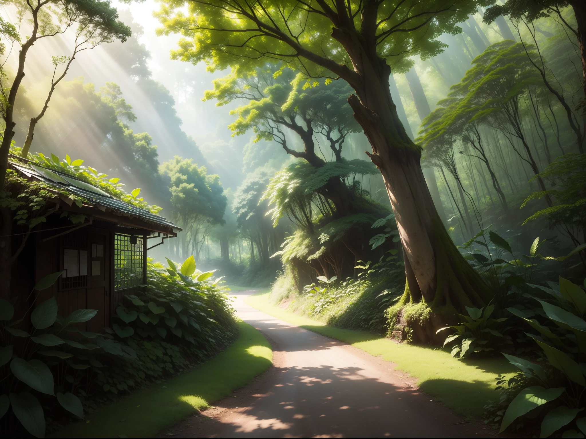 lush green forest, rays of sunshine, foliages, rivulets, Birds, Song, Recycled materials, Duan, solar panel, teto, nature reserve, sign, a plant, Animals, Beautiful coexistence