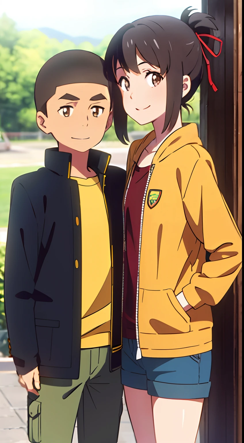 shinkai makoto, kimi no na wa., 1girl, child, small height, bangs, brown hair, ponytail, red ribbon, open mouth, smile, looking at viewer, shorts, shirt, jacket, 1boy, child, small height, buzzcut, brown eyes, close mouth, yellow jacket, green pants,