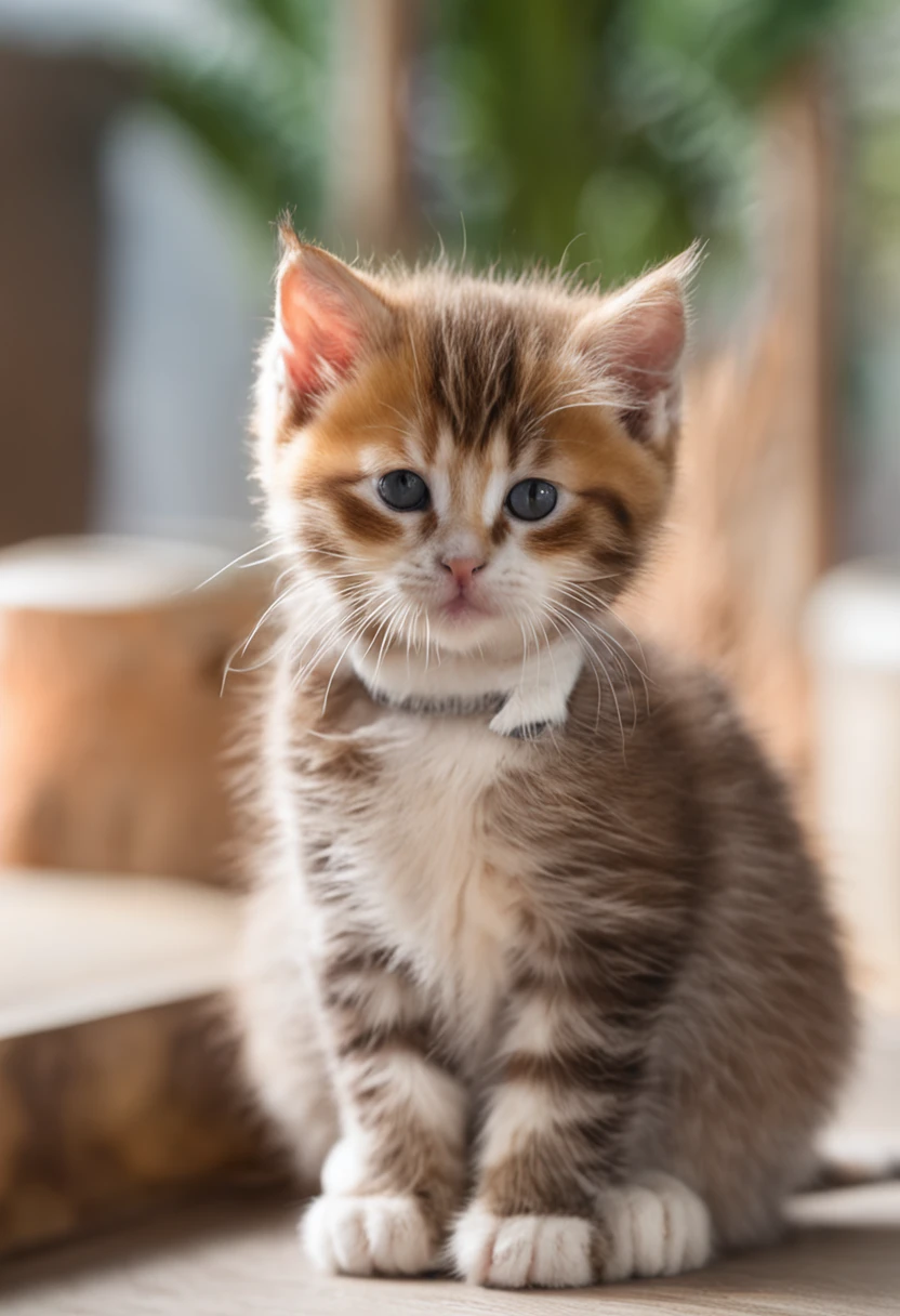 The kitten was named "hairball"，This is a very cute little animal。Its fur is soft and delicate，Presents distinctive orange and white spots，Make it look like a full-fledged hairball。Its eyes are bright and twinkle，One blue and one yellow，Can't resist its pampering。

The little face of the hairball is so delicate and cute，So much so that you can't help but want to kiss it。Whenever it touches your cheek with that cute little nose，You will feel incredibly happy。Its little ears are always erect，It's like two little triangles，It gives it more cuteness。

The behavior of the hairballs is also cute。It likes to sleep curled up on the windowsill on sunny days，When the sun shines on its body，Its fur looks like golden honey。When it plays，It will pounce in the air with its small paws，It's like playing with invisible friends in the air。

The furball call is also cute。When it needs food、When playing or just want someone to accompany it，It will meow in that sweet little voice。Whenever you hear its call，You will feel incredibly happy。

generally，Furball is a very cute kitten，Its fur、The eye、The manners and voice make it impossible to resist the love for it。Whenever you see it at home，You will feel immense joy and happiness。