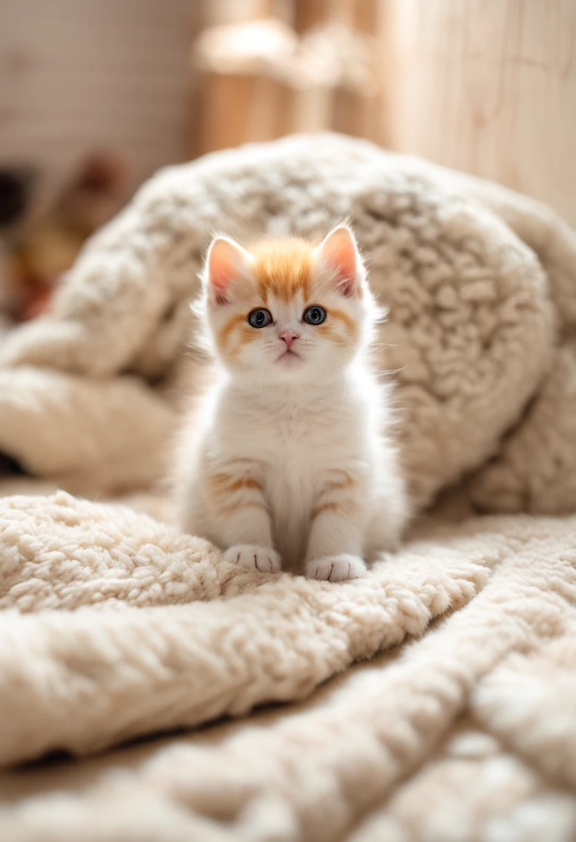 The kitten was named "hairball"，This is a very cute little animal。Its fur is soft and delicate，Presents distinctive orange and white spots，Make it look like a full-fledged hairball。Its eyes are bright and twinkle，One blue and one yellow，Can't resist its pampering。

The little face of the hairball is so delicate and cute，So much so that you can't help but want to kiss it。Whenever it touches your cheek with that cute little nose，You will feel incredibly happy。Its little ears are always erect，It's like two little triangles，It gives it more cuteness。

The behavior of the hairballs is also cute。It likes to sleep curled up on the windowsill on sunny days，When the sun shines on its body，Its fur looks like golden honey。When it plays，It will pounce in the air with its small paws，It's like playing with invisible friends in the air。

The furball call is also cute。When it needs food、When playing or just want someone to accompany it，It will meow in that sweet little voice。Whenever you hear its call，You will feel incredibly happy。

generally，Furball is a very cute kitten，Its fur、The eye、The manners and voice make it impossible to resist the love for it。Whenever you see it at home，You will feel immense joy and happiness。