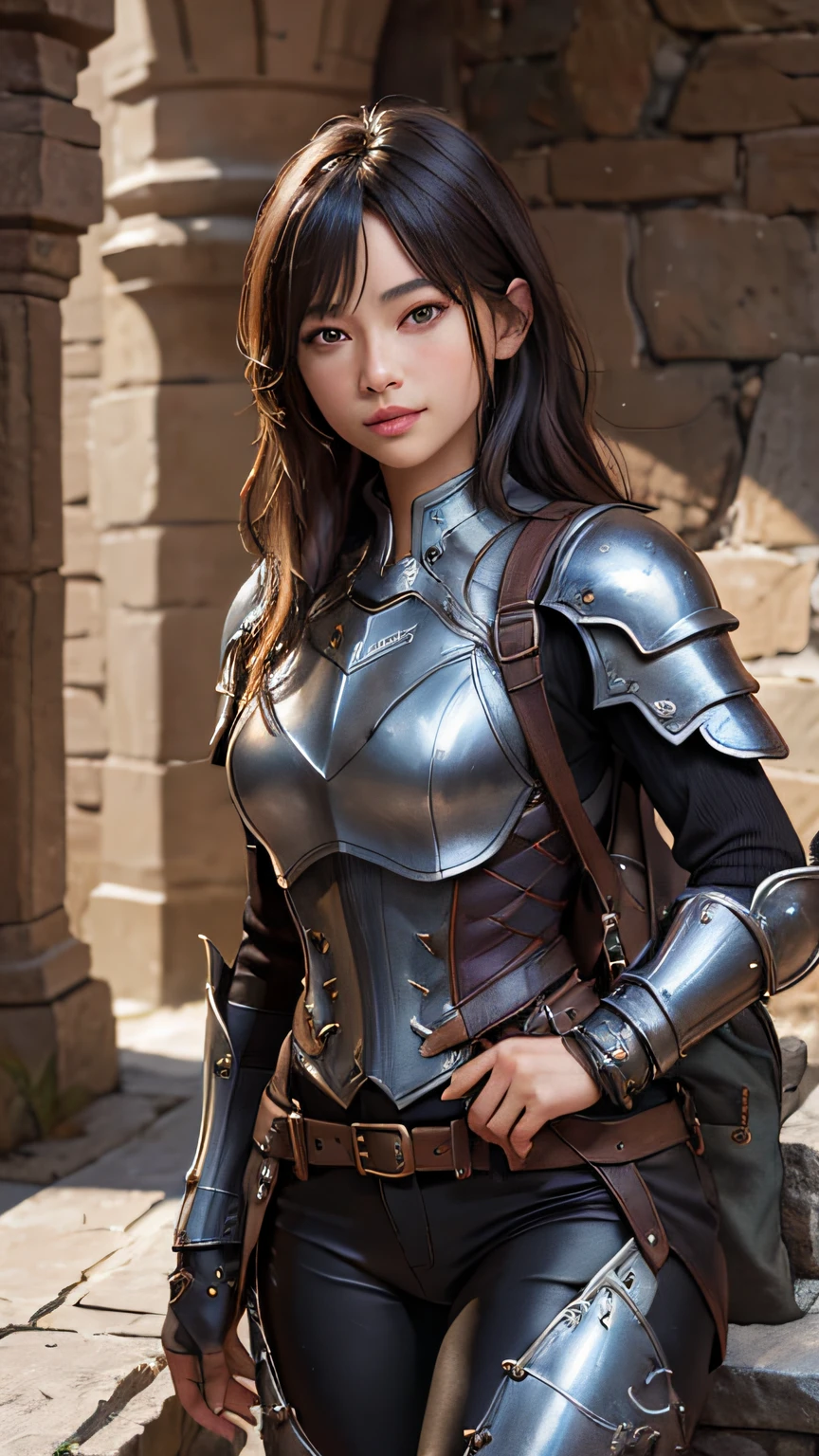 Female goblin in leather armor and backpack in dungeon, Beautiful, facing front, Halfling proportions, Perfect, clean line drawings、​masterpiece, top-quality, hightquality, hight resolution、Raw foto、hyperdetailed photo、(natural skin textures、Detailed skin、Hyper-Realism、ultra sharpness)、ighly detailed、detailed skin textures、