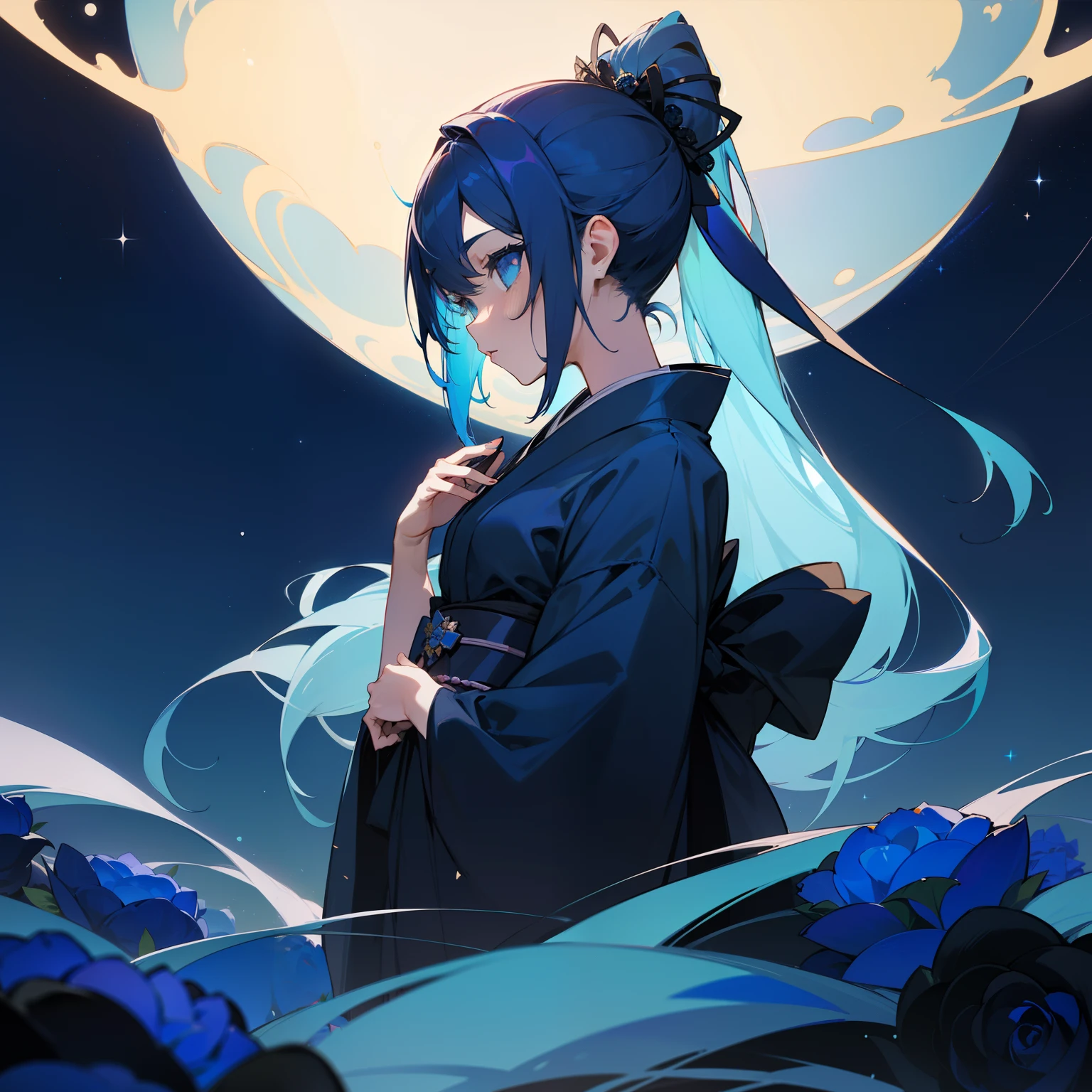 (Beautifully Aesthetic:1.2)、(1girl in:1.3)、(Black and blue colorful hair:1.2)、Wearing colorful blue and black kimono、A lot of blue roses are blooming、miracle、God Blessed、At night sky2word、The starry sky is beautiful、