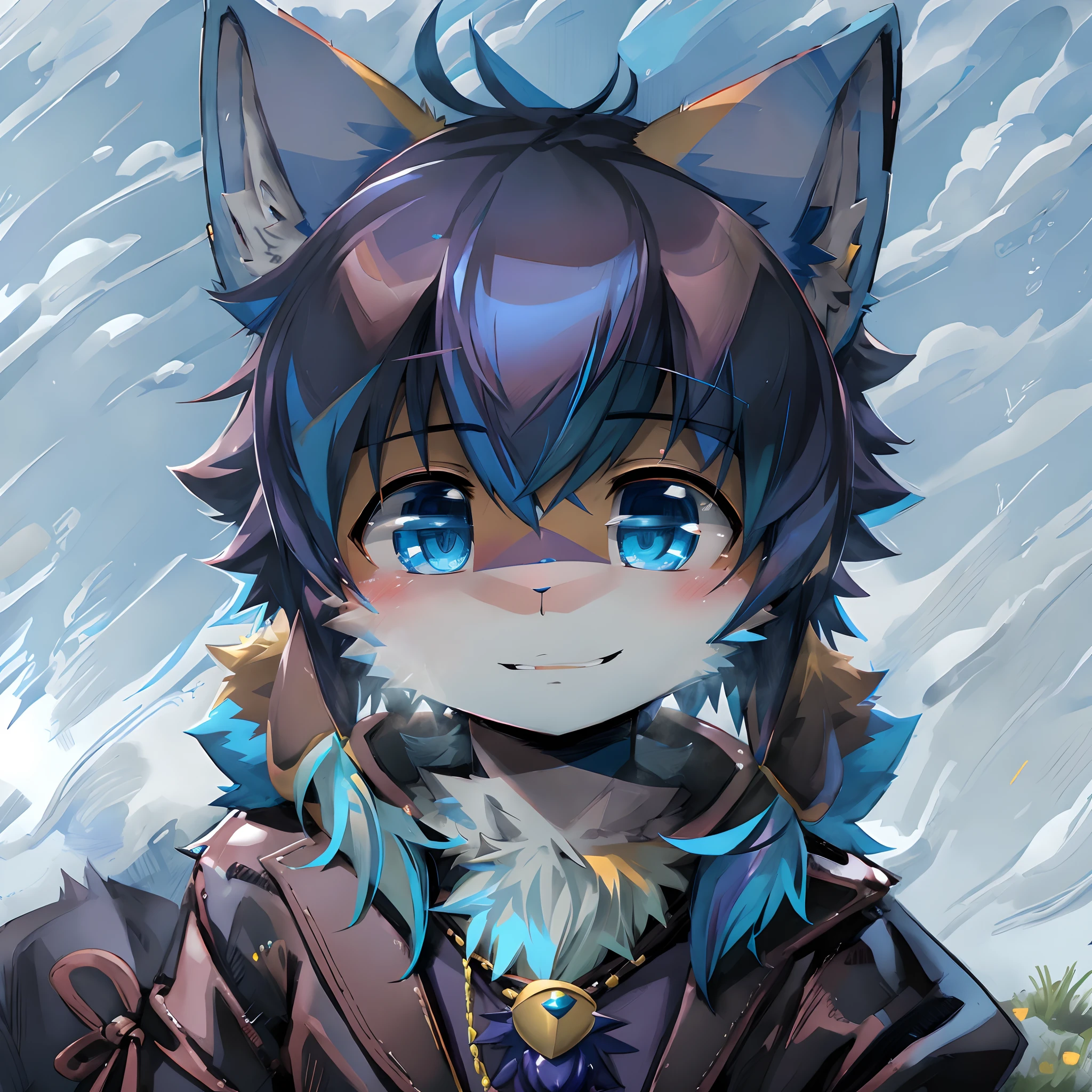 Anime - style image of a cat with blue eyes and a black coat, fursona art, furry character portrait, very very beautiful furry art, fursona furry art commission, fursona commission, fursona!!!!, furry fursona, portrait of an anthro fox, anthro portrait, Furry art!!!, Furry character, commission for high resolution, Detailed fanart,Rain background,rainbowing，portrait of zeraora，smiling expression!!!!felid，Black color hair!!!!There is a purple pearl pendant around the neck!!!!!!!Most of the blue hair on the face!!!!!!!The face has blue-blue fur!!!!!!