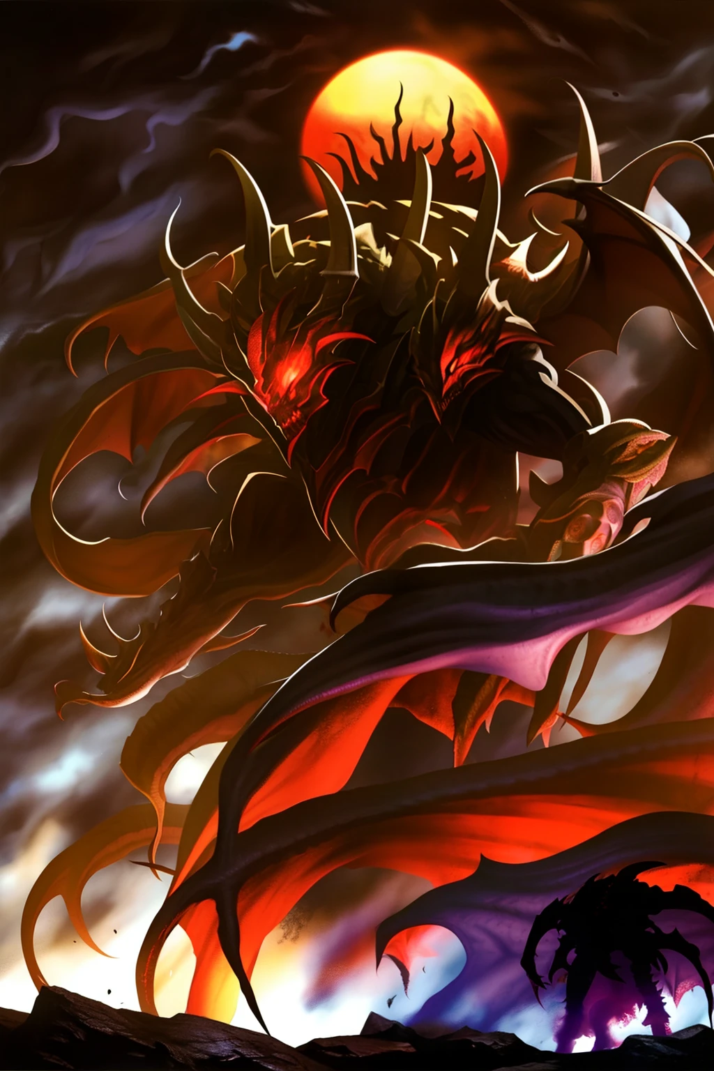 Cthulhu，Monster。Skeleton Sun Paladin，insidious，darkly，Shadow the earth，Dark clouds cover the sky，Blood Moon