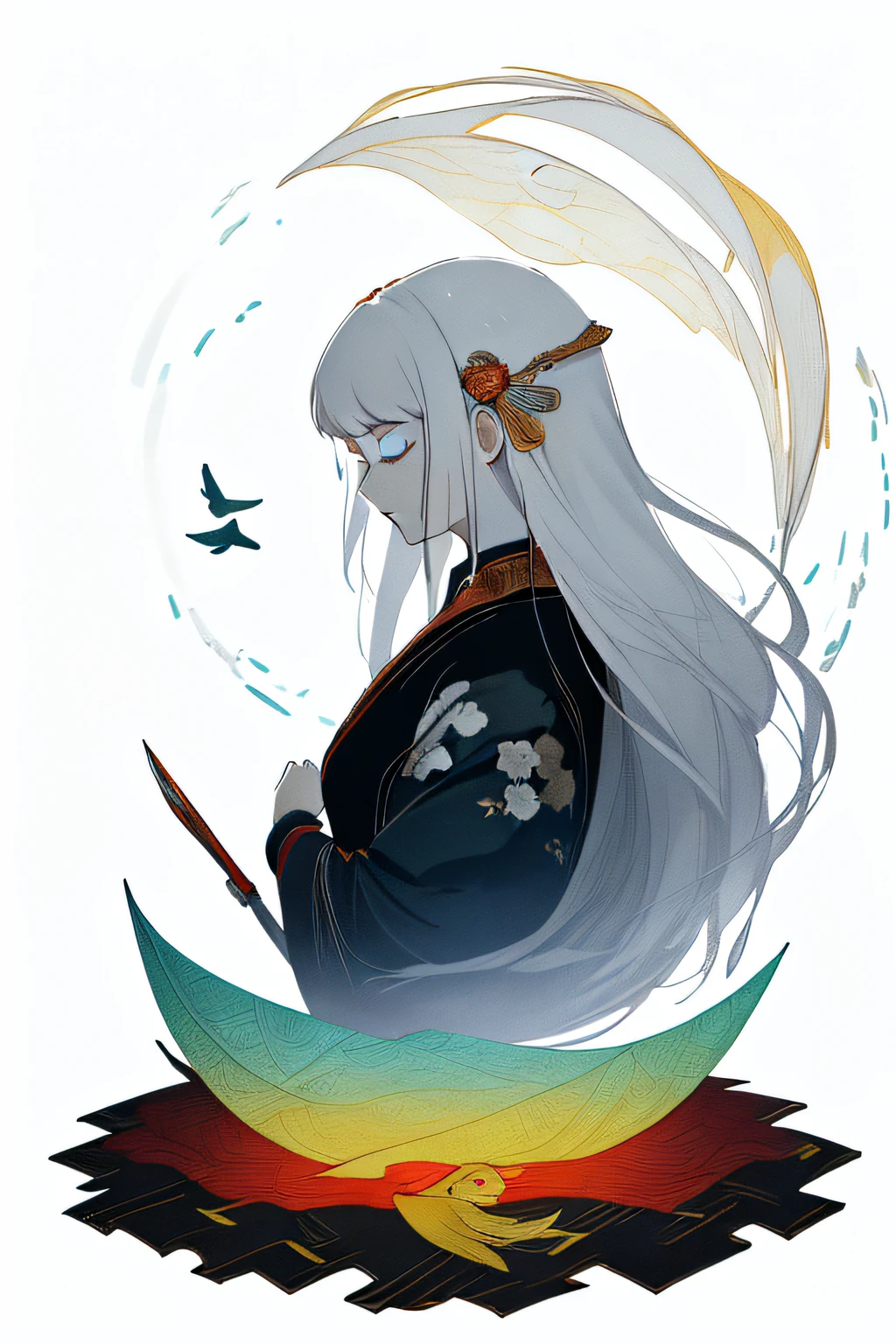 (White background:1.4),(Silhouette of a girl's head, Eyes closed, Colorful long hair, Oriental elements)，(Chinese Illustration:1.3，paper art:1.3, Quilted Paper Art:1.2),( Reasonable design, Clear lines, High Sharpness,Best Quality, Very detailed, masutepiece, Movie Light Effects, 4K )，Full body photo，themoon，fish flocks，frontage