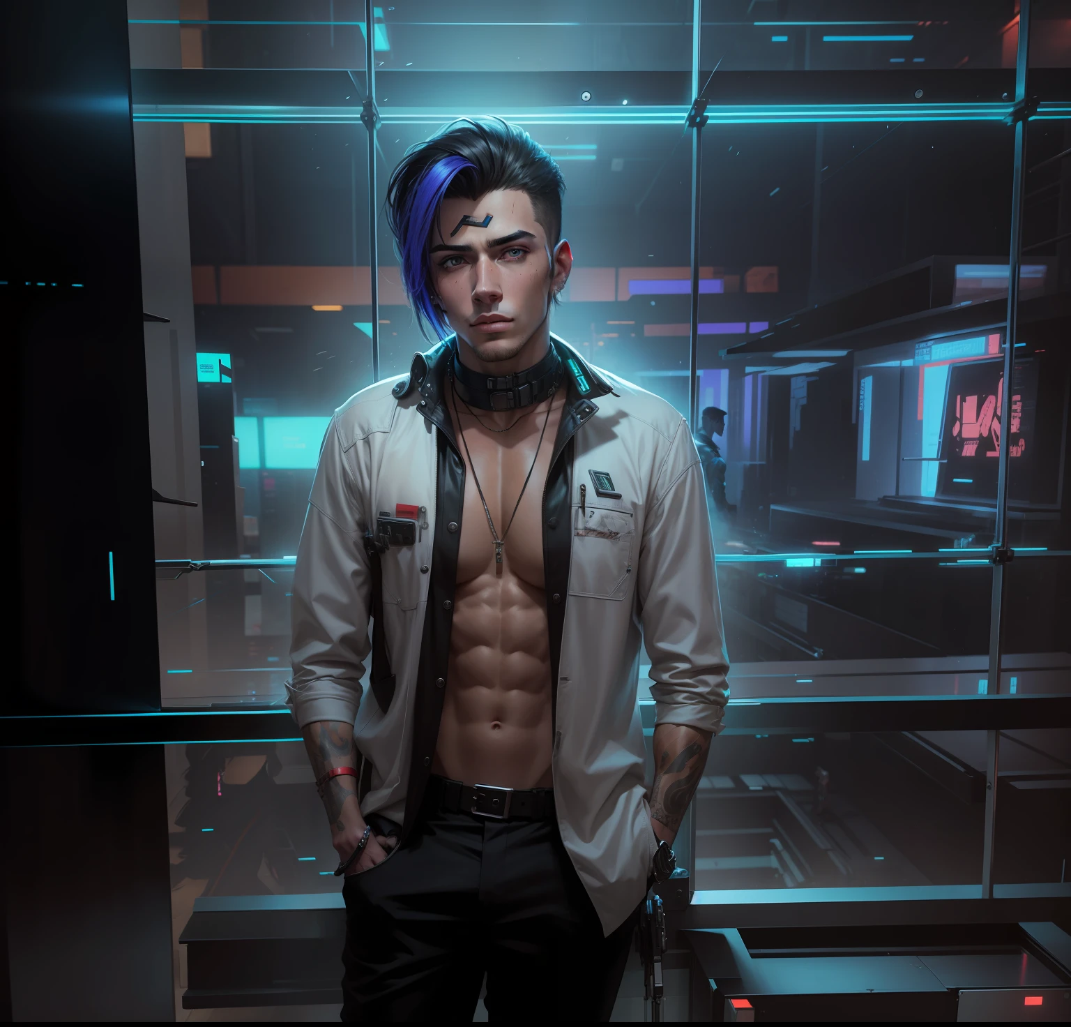 Cyberpunk handsome boy ultra realistic with dog