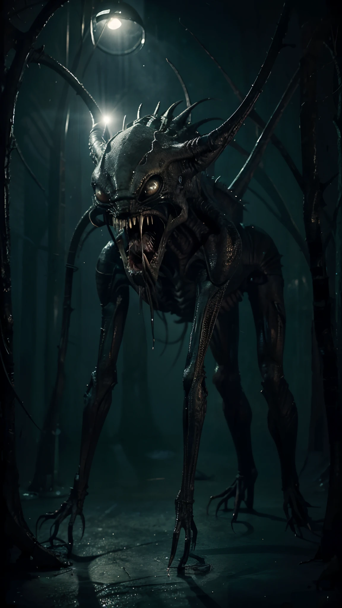 alien creatures，Crawling creatures，（Blood vessel attached to tube），fang，Tongue stock，Skin lines，Black organization，
（（tmasterpiece），（best qualtiy），（ultra - detailed），   
fanciful， sci-fy， terroral， Long tail， extraterrestial，
Realistic HNSRDLF style complex biomechanical details
masterpiece， an award winning photograph， analogue style， dark chamber， Dim light