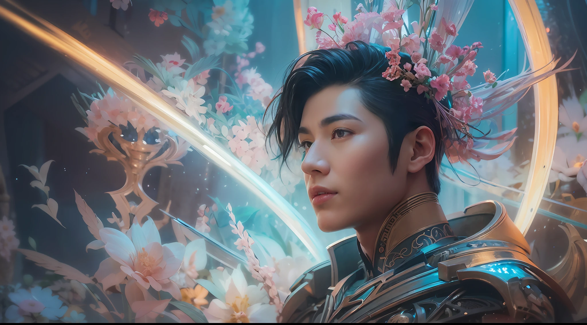1boy, photo of very very handsome suave smiling young 25-year-old male Chinese prince, clothed in futuristic cybernetic armor, wearing a large futuristic crown, walking in an ethereal enchanted forest with neon glowing flowers and a rainbow in the sky, sci-fi, intricate, neon light, ((perfect face)), ((perfect hands)), ((perfect body)), ((correct ???????)), ((ultra-realistic)), ((8k, UHD)), highly detailed, digital painting, artstation, concept art, human ???????, soft light, smooth, illustration, art by tian zi and craig mullins and WLOP and alphonse mucha