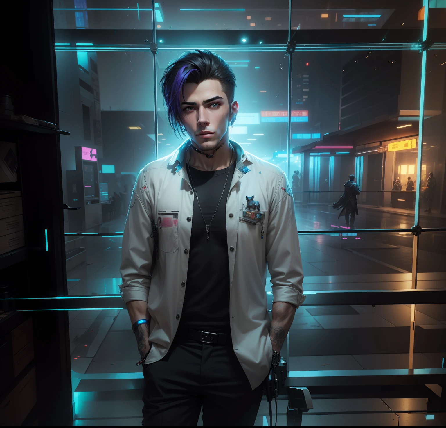 Cyberpunk handsome boy ultra realistic with dog