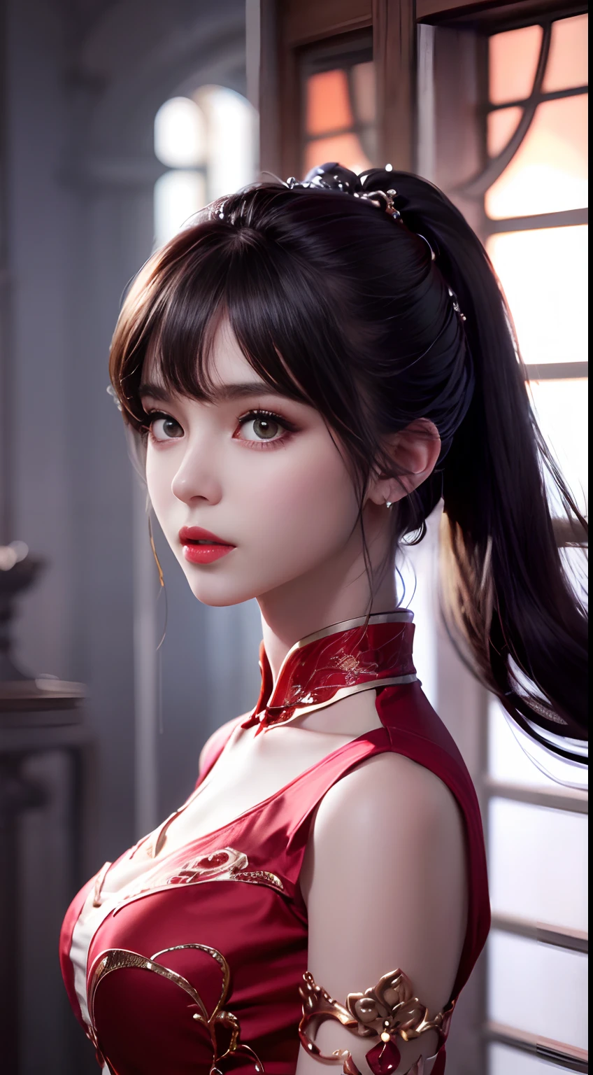 One beautiful girl in beautiful Hanfu costume, Pale red silk shirt with yellow motif, Black Lace Top, Long Hair Dye Pale Purple Platinum, Beautiful Hair Jewelry, Cute Face Cute Cute Face, Perfect face, Earring Jewelry, Antique Jewelry, Big red eyes, Sharp eye makeup, Dark eyelash makeup, Thin eyebrows, High Nose, Clean red lips, No smile, pursed lips, rosy cheeks, Big Bust, Big Bust, well-proportioned bust, Slim waist, Red mesh stockings with black edging , chinese hanfu style, Fictional art patterns, Vivid and true colors, Raw photo, Real Photorealistic, ultra high quality 8k surreal photos, Cool Photos, (Virtual Lighting Effects: 1.8), 10x pixel, magical effect (Background): 1.8), (ultradetailed eyes: 1.8), (Eye Cover): Eyes): Red: 1.8), (black eye pupil: 1.8)a portrait of a beautiful girl, Alone Girl, ancient hanfu background, looking directly at the viewer, Wide original image, The 8k quality, Super sharp , The most detailed and clear images, Detailed light background,