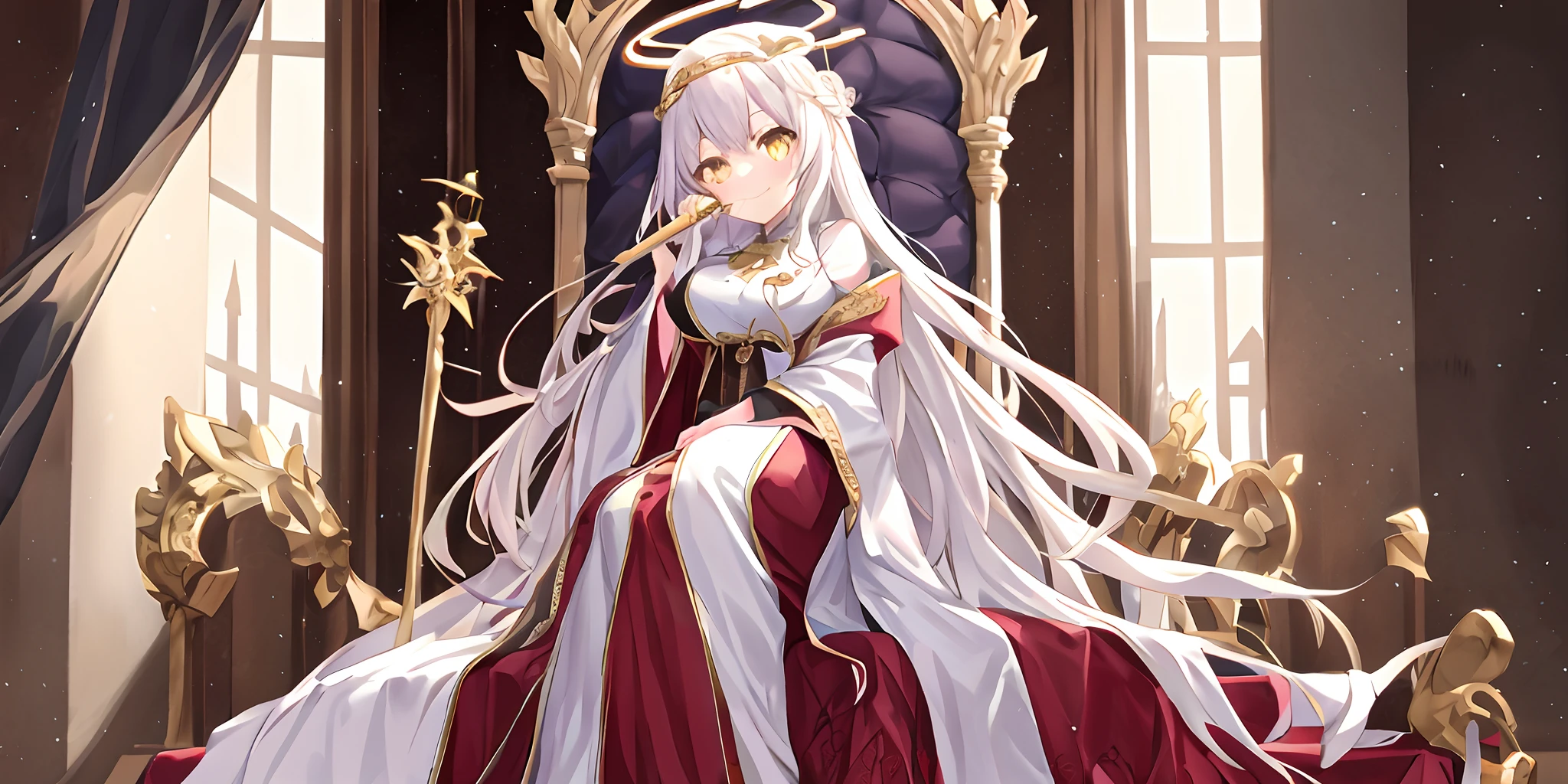 Pope full body，On the scepter，seated on a throne，（（White and red robes，The pattern is complex）），（1个Giant Breast Girl），（独奏），（cute anime face），Gold eyes，long  white hair，ssmile，The halo，（Sit on a low throne），In a magnificent castle，ultraclear，Poor milk