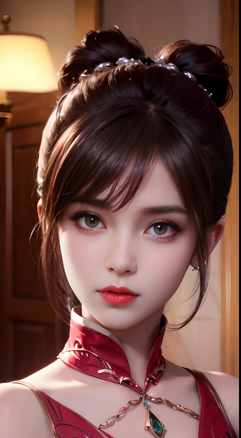 One beautiful girl in beautiful Hanfu costume, Pale red silk shirt with yellow motif, Black Lace Top, Long Hair Dye Pale Purple Platinum, Beautiful Hair Jewelry, Cute Face Cute Cute Face, Perfect face, Earring Jewelry, Antique Jewelry, Big red eyes, Sharp eye makeup, Dark eyelash makeup, Thin eyebrows, High Nose, Clean red lips, No smile, pursed lips, rosy cheeks, Big Bust, Big Bust, well-proportioned bust, Slim waist, Red mesh stockings with black edging , chinese hanfu style, Fictional art patterns, Vivid and true colors, Raw photo, Real Photorealistic, ultra high quality 8k surreal photos, Cool Photos, (Virtual Lighting Effects: 1.8), 10x pixel, magical effect (Background): 1.8), (ultradetailed eyes: 1.8), (Eye Cover): Eyes): Red: 1.8), (black eye pupil: 1.8)a portrait of a beautiful girl, Alone Girl, ancient hanfu background, looking directly at the viewer, Wide original image, The 8k quality, Super sharp , The most detailed and clear images, Detailed light background,
