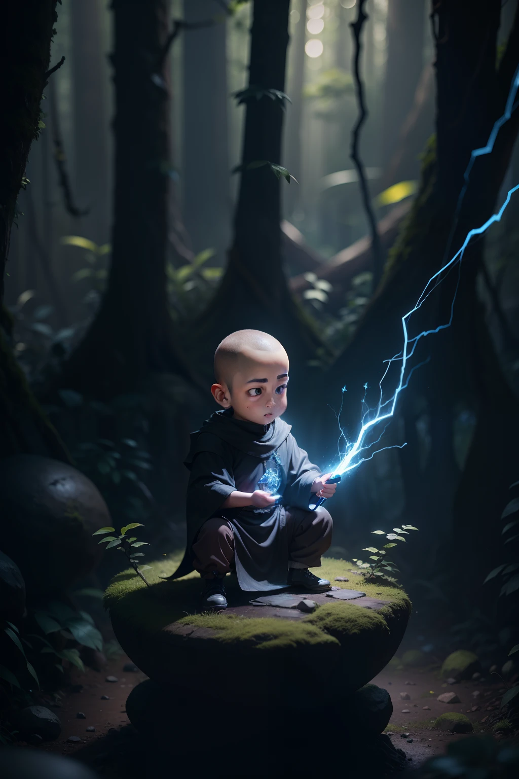 Little monk in the big forest, Black magic magnetism, shards, Glowing, neonlight, ore, picareta, 3D mine, High detail xiao 'he's