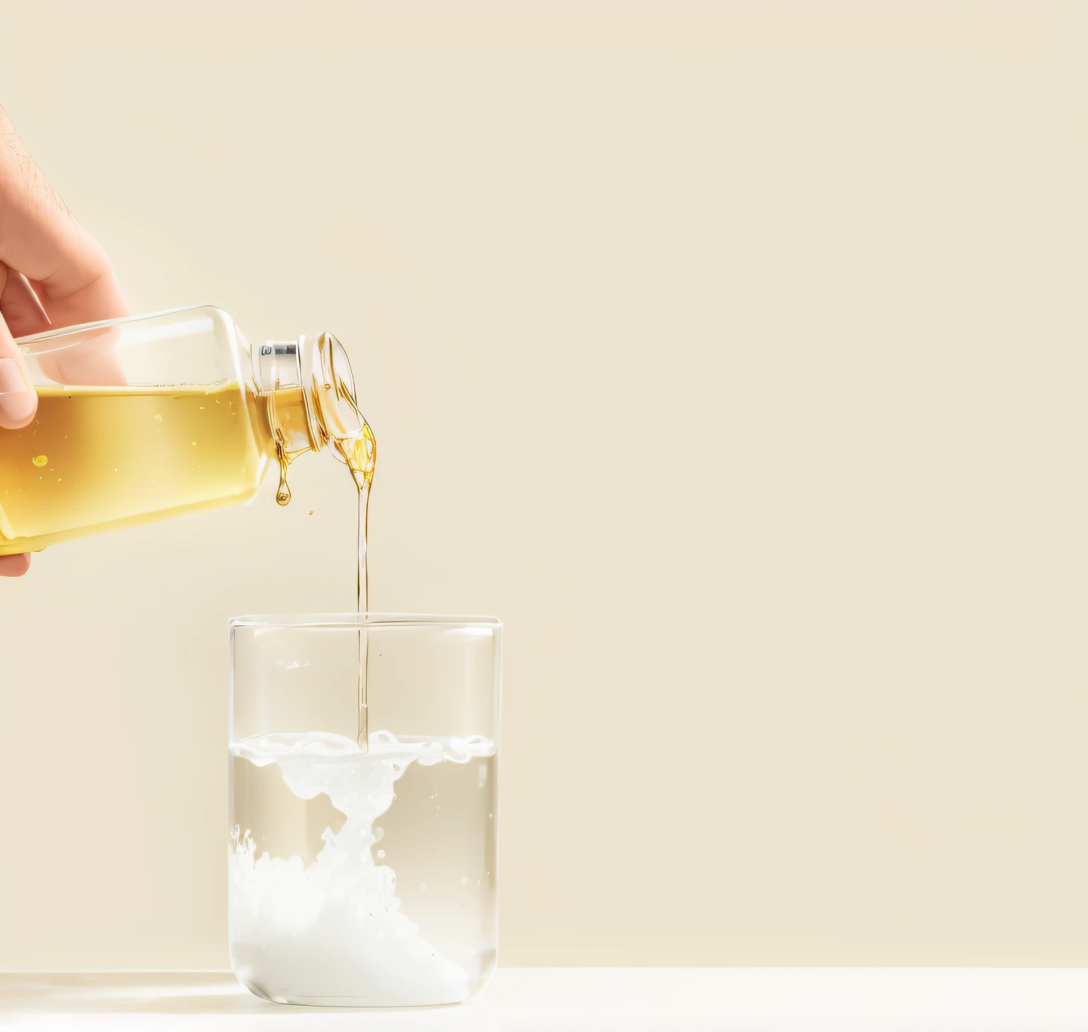 Someone pours liquid into a glass filled with ice, cooking oil, pouring, sweet almost oil, oily substances, unsaturated, Product photography, pouring techniques, clear liquid, arte mista, detailed oil, clear liquid, oiled, made of glowing oil, holding flask in hand, glowing oil, Clean background, Viscous liquid, oil like flowing,Packaging shooting, Fine focus, Depth of field, 120mm shooting, Hasselblad shooting, Clear, focused commercial photography,8K
