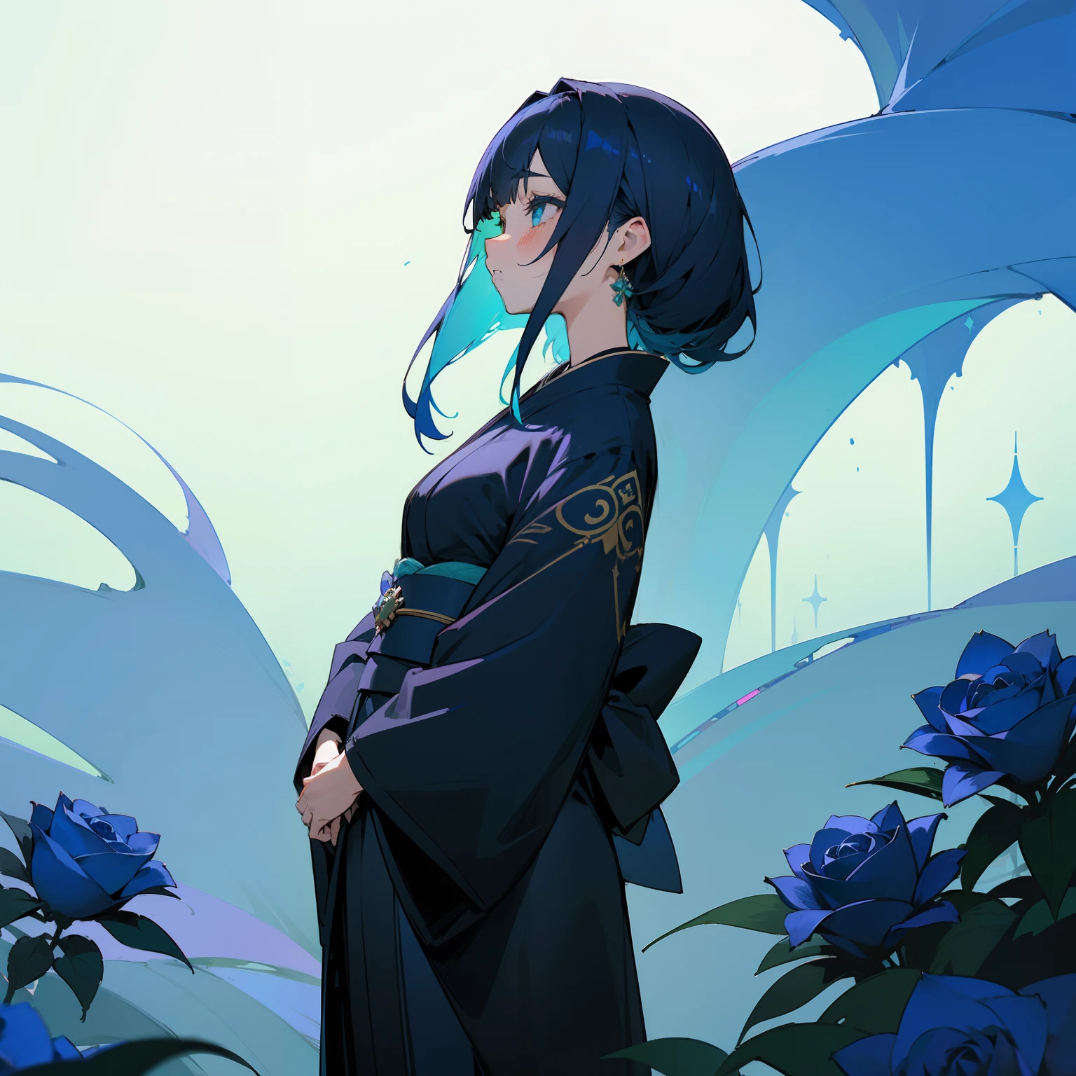 (Beautifully Aesthetic:1.2)、(1girl in:1.3)、(Black and blue colorful hair:1.2)、Wearing colorful blue and black kimono、A lot of green roses are blooming、Miraculous scenery、Blessed by God、sacredness