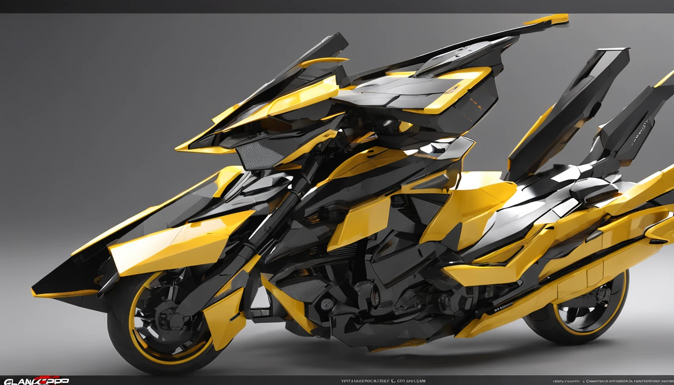 The picture shows black and yellow Gundam。, The style in the intersecting plane is highly realistic, grandeur of scale, Playful and complex, Glassy translucent, posing elegantly, super detailing, Maxon Cinema 4D, High detail, 32k --s 1000 --varnish --AR 9:16