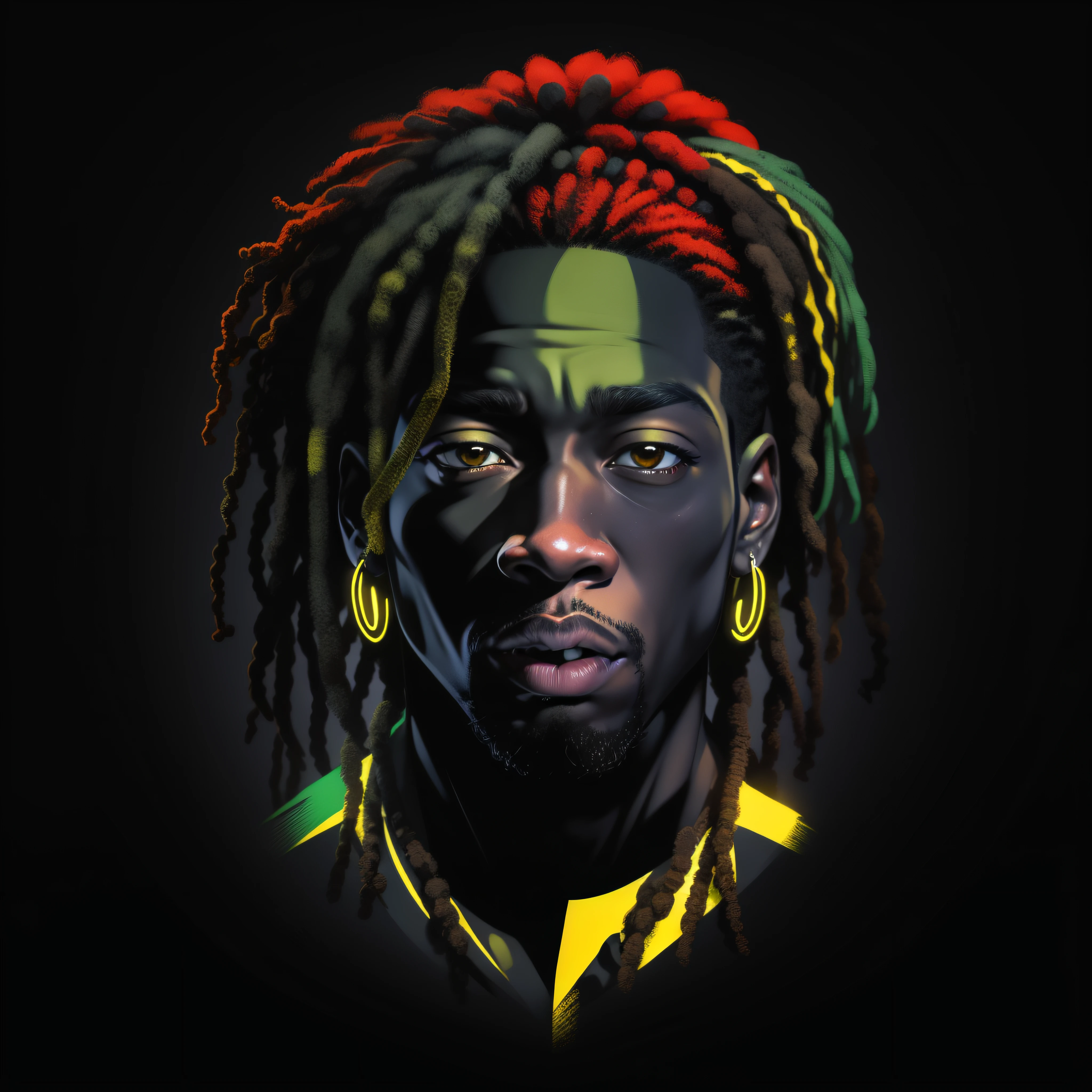 Create a logo with the head of a black man with dreadlocks in black colors, verde, amarelo e vermelho (olhando para a frente) , imagem estilo logomarca , Sober, (fundo preto), Image with resolution of at least 300dpi, UHD 8k, Very high quality for excellent printing. Lighting that highlights the figure in relation to the background, cores do reggae, Estilo da camada de disco