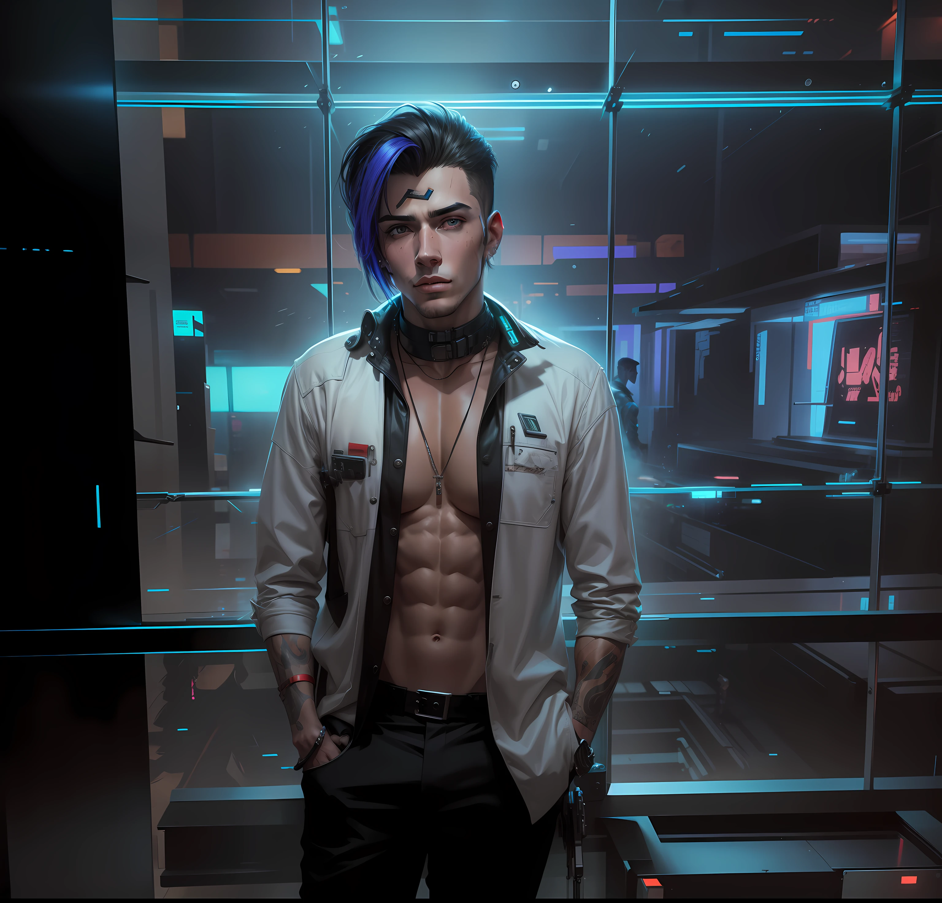 Cyberpunk handsome boy ultra realistic with dog