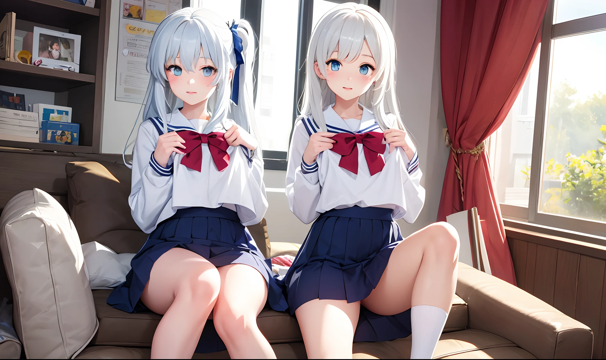 A cute anime shoujo,blue color eyes,White hair and white socks,High school student uniform,The clothes were pulled open to reveal it,Anime girl sitting,The girl lifted her skirt to reveal her panties