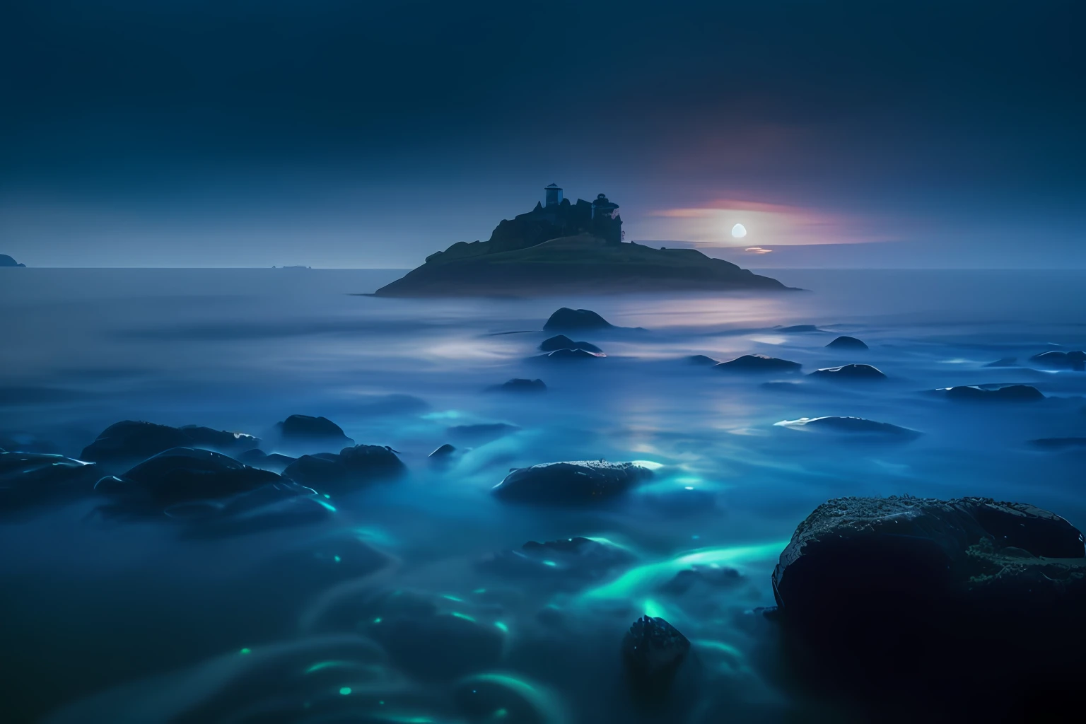 Alafid view of Rocky Beach,There is a small island in the distance, A mystical environment, In a mysterious scene, fantasy sea landscape, long exposure shot, mystical fantasy landscape, long exposure 8 k, blue hour photography, Long exposure, long exposure photograph, in a surreal dream landscape, mystical night, an amazing landscape image, magical scenery, Beautiful and mysterious