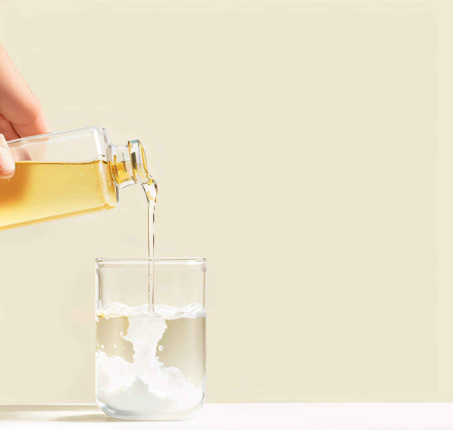 Someone pours liquid into a glass filled with ice, cooking oil, pouring, sweet almost oil, oily substances, unsaturated, Product photography, pouring techniques, clear liquid, arte mista, detailed oil, clear liquid, oiled, made of glowing oil, holding flask in hand, glowing oil, Clean background, Viscous liquid, oil like flowing，Packaging shooting, Fine focus, Depth of field, 120mm shooting, Hasselblad shooting, Clear, focused commercial photography，8K