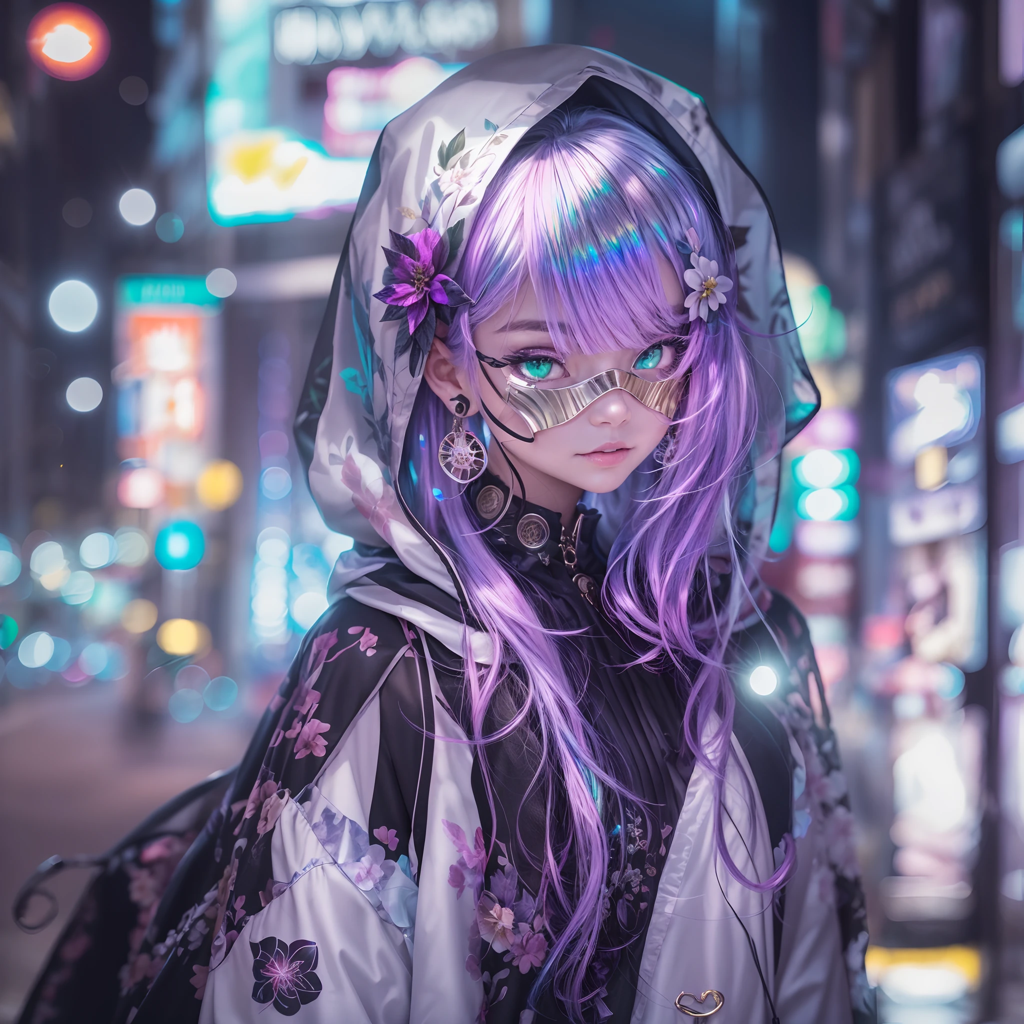 goth_punk, 1girl, solo, establishing shot, mechasuit, walking in harajuku, ((night time)), bokeh, neon light, iridescent eyes, starry sky, white shimmering hair with purple accents, glowing hair, (iridescent hair), earrings, bangs, jewelry, mask, hooded cloak, blunt bangs, green eyes, mechanical jaw mouth mask, blurry background, flower hair ornament, looking at viewer, candid portrait, sidelocks, NijiArmor