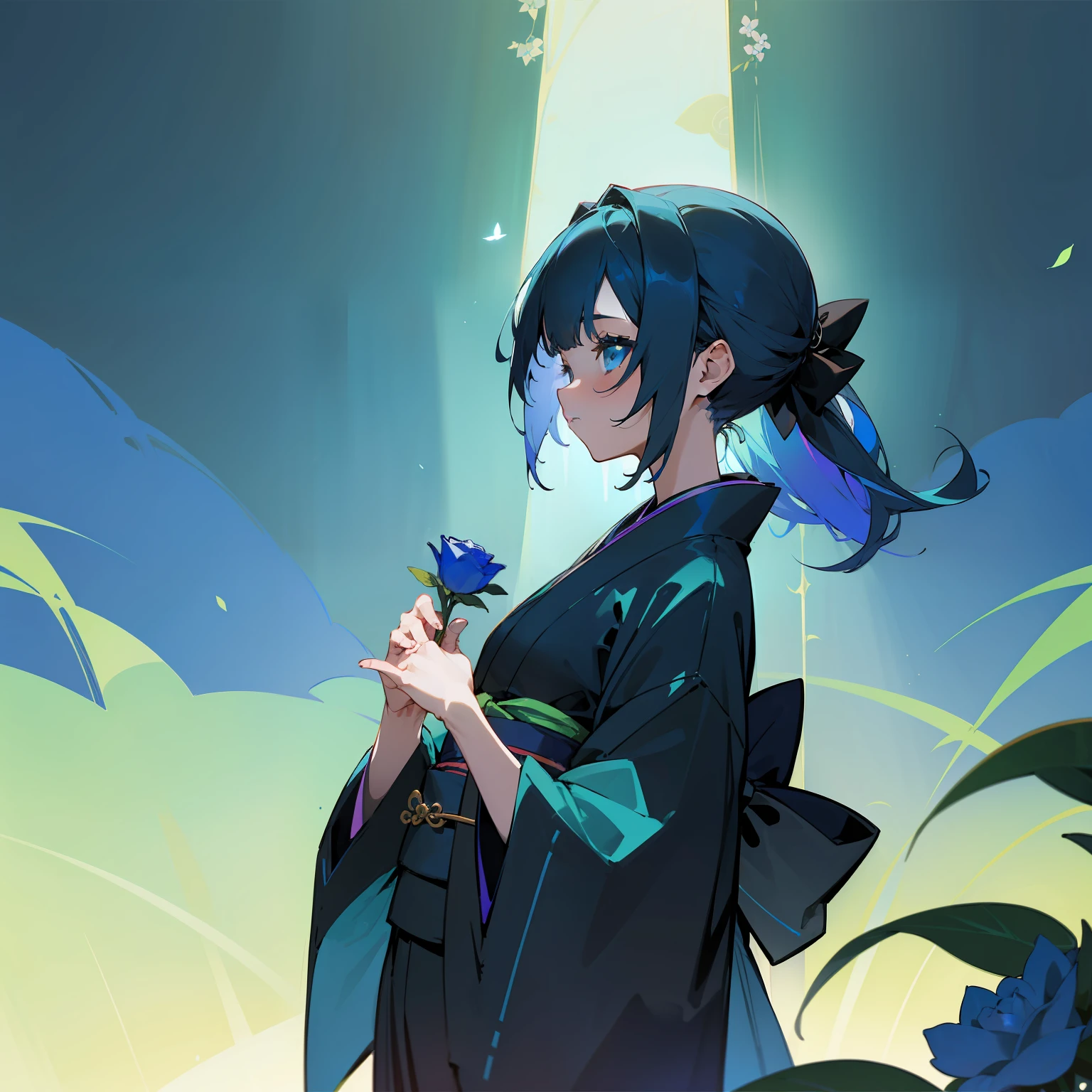 (Beautifully Aesthetic:1.2)、(1girl in:1.3)、(Black and blue colorful hair:1.2)、Wearing colorful blue and black kimono、A lot of green roses are blooming、Miraculous scenery、Blessed by God、sacredness