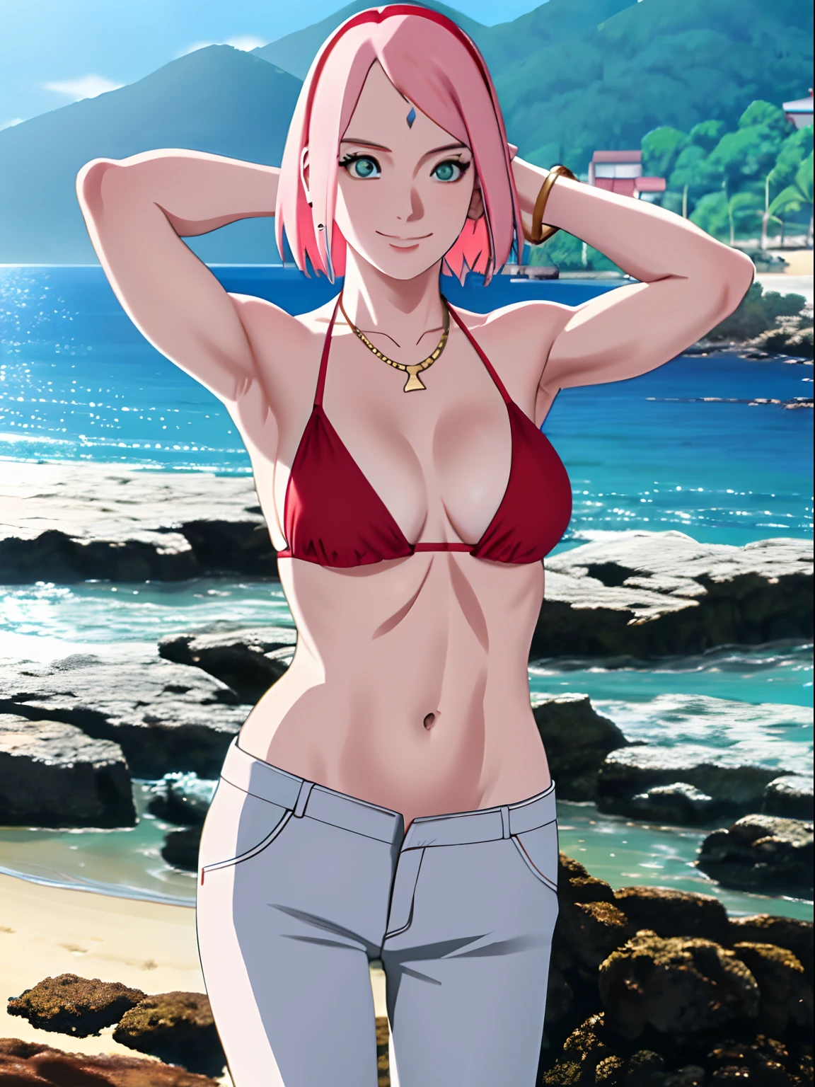 masterpiece, 4k, ultra hires, portrait, anime style, high brightness, best quality, 1girl, flexing arm muscles, haruno sakura, cowboy shot, professional artwork, detailed beach background, intricate details, colorful, digital blending, (ultra detailed body, ultra detail hair, ultra detail face), trending on pixiv,
hot smile, (forehead mark, milf, red hairband, pale skin, small breasts, short hair, ((red bikini, micro bikini top, bikini top only), (gold necklace), white pants), (navel, belly button, bracelet, pink hair, open eyes, big eyes), smile, beach, wind, floating hair, detailed arms, off-shoulders, broad shoulders, slightly muscular arms, (dirty armpits, armpit pocket), standing)