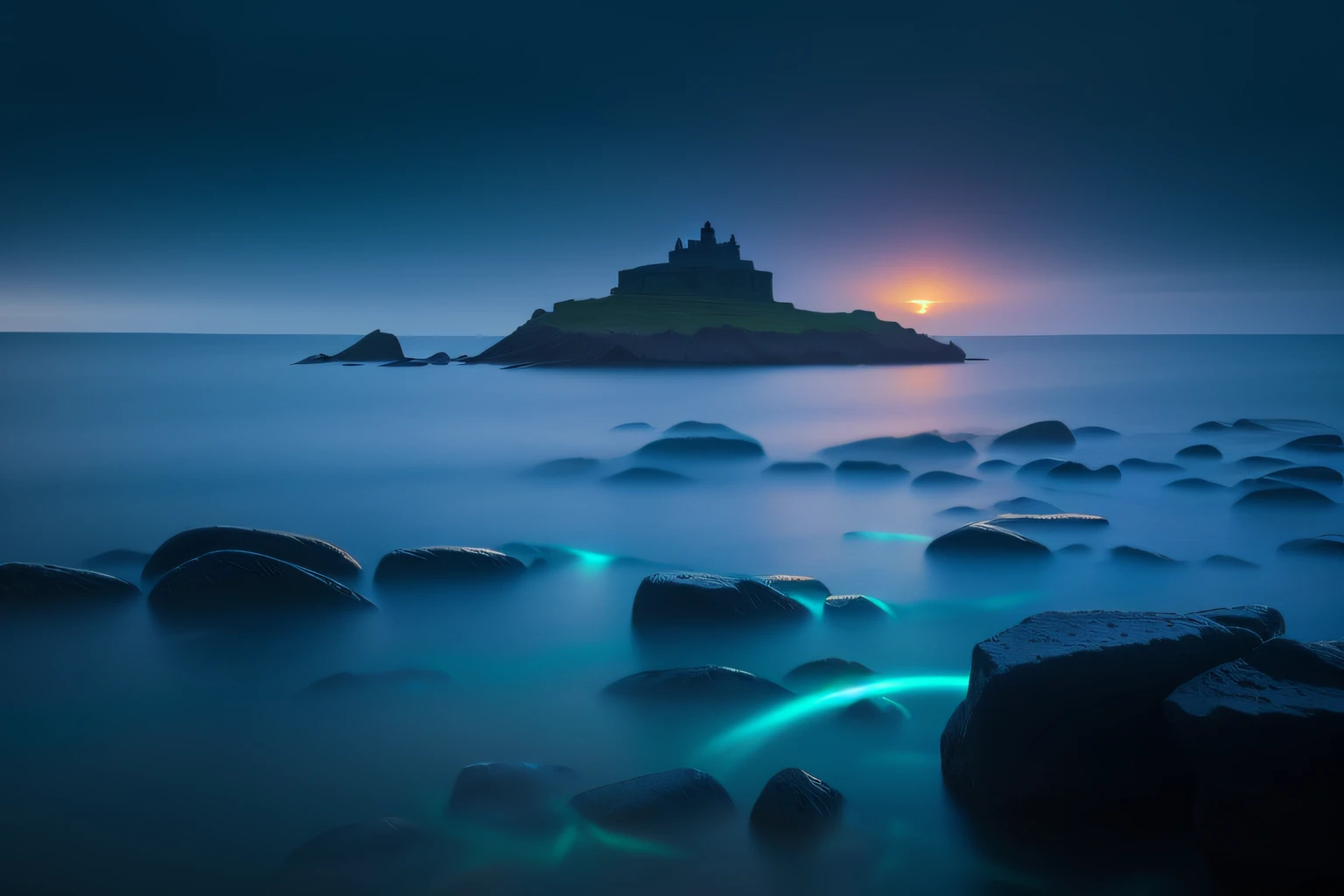 Alafid view of Rocky Beach,There is a small island in the distance, A mystical environment, In a mysterious scene, fantasy sea landscape, long exposure shot, mystical fantasy landscape, long exposure 8 k, Long exposure, blue hour photography, long exposure photograph, in a surreal dream landscape, mystical night, an amazing landscape image, magical scenery, Beautiful and mysterious