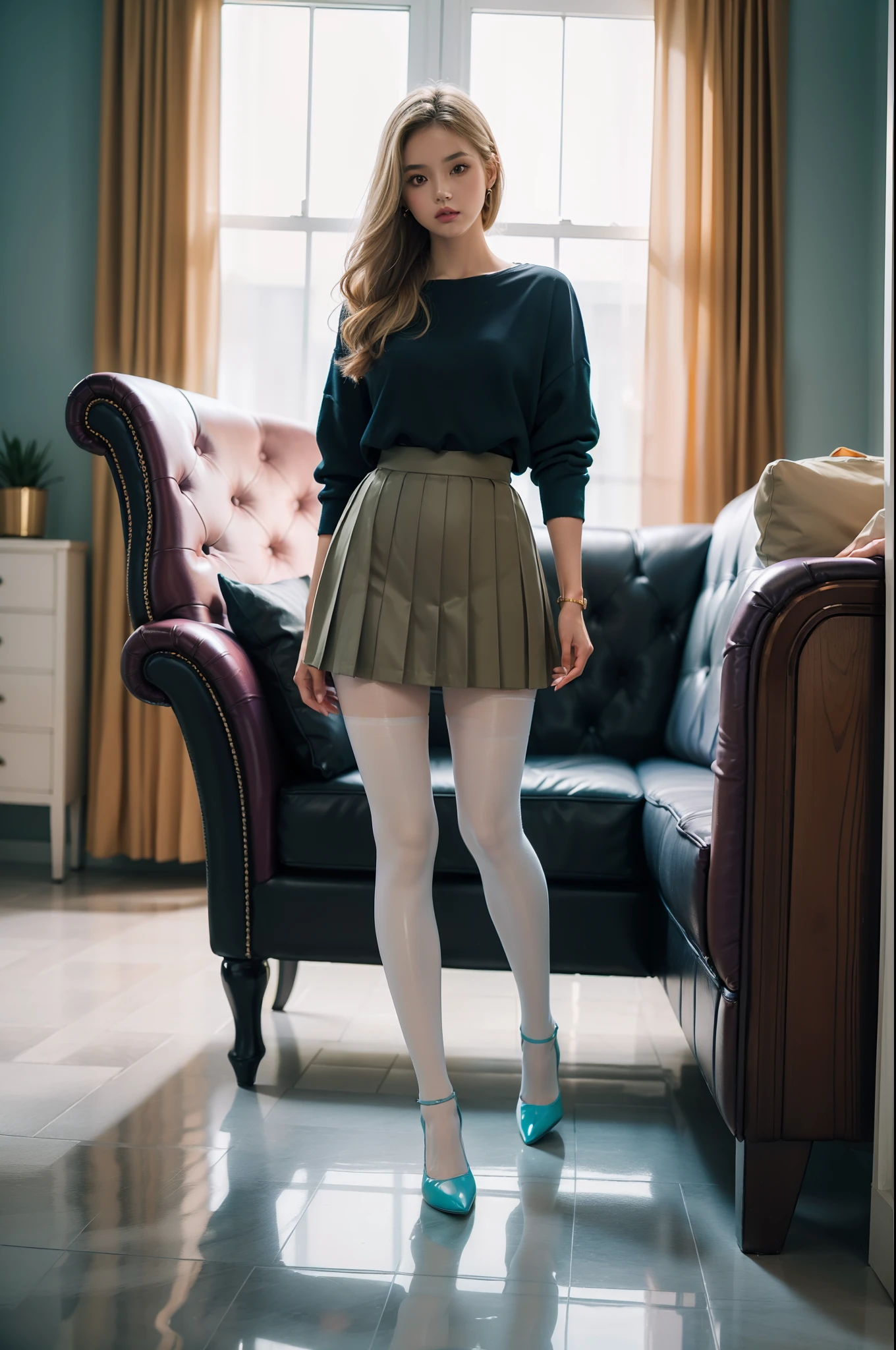 (Obra maestra, 16k,8k,4k ,Ultra detallado:1.1),(Cara hermosa:1.1),(1girl:1.1),25yo, Slim body, perfect Legs, (Lift Jewelry:1.3),(urination:1.5),(avergonzado:1.3), provocative (mini skirt:1.5), black stilettos, hight heels, long curly haired girl, peeing self, wetting her clothes, can't hold her pee face, wetting herself desperate, pee desperation pose, her body can't hold her pee and wets herself on a closed door, pee runing down her legs, standing up, hyper pee desperate face, big pee pudle