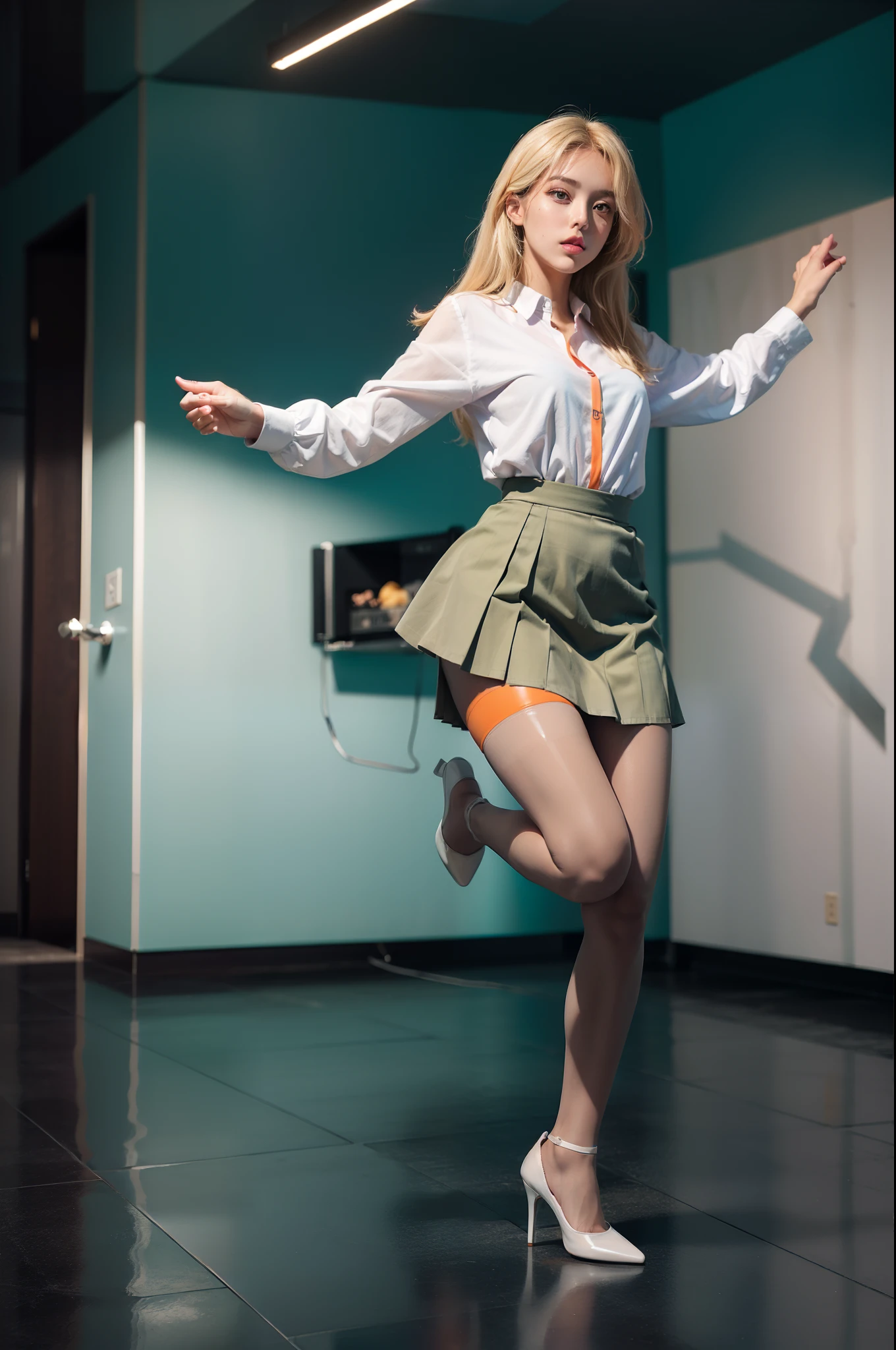 (full body:2),(1girl:1.3),(view the viewer:1.4),(anatomy correct:1.4),(pantyhose and pointed thick heels :1.3),(Dancing in the living room:1.2),(High waisted pleated skirt:1.3),(Extra Long blonde Hair:1.2),(Accurate and perfect face:1.3),(Long legs and big feet:1.3),((((Polished clothing))):1.2),(((Skin reflection , Skin Gloss)):1.2),((purplish color | blue colors | in pink | greys |white colors |black in color | orange colors | green color | cyan colors | golden colors | khaki | Salmon colors):1.1),hyper HD, Ray traching, reflective light, structurally correct, Award-Awarded, high detail, lighten shade contrast, Face lighting ,cinematic lighting, masterpiece, super detailing, high quality, high detail, best quality, 16k,High contrast,