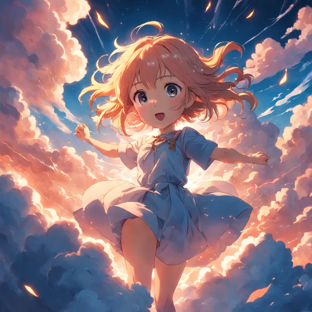 masterpiece, best quality, movie still, 1girl, cloud girl, floating in the sky, close-up, bright, happy, warm soft lighting, sunset, (sparks:0.7)
