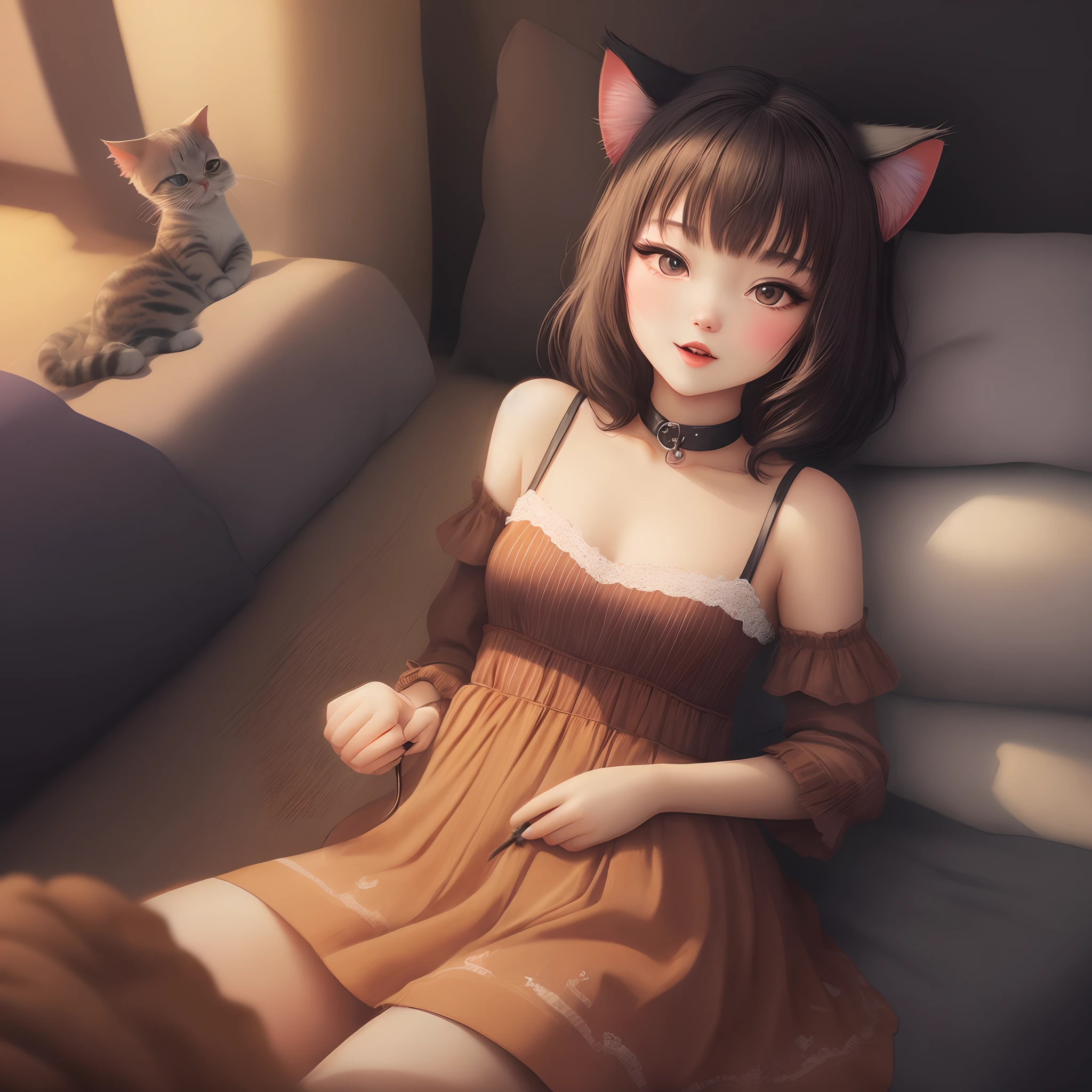 femele，cat ear，whaite hair，Red eyes，Black lace dress，bare-legged