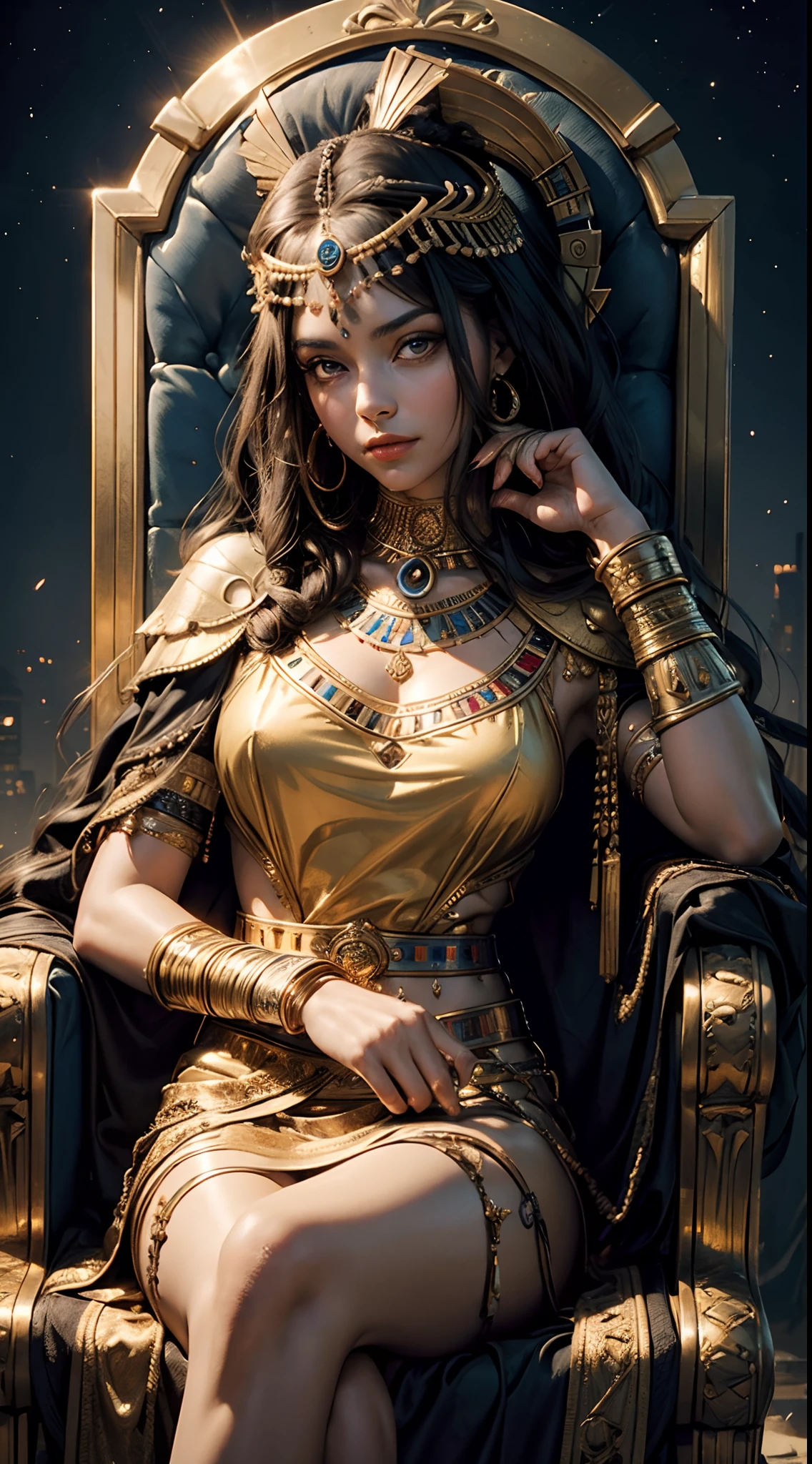 ((Best Quality, 8k, Masterpiece: 1.3)), Rawphoto, Photorealistic portrait of Queen Cleopatra sitting on her throne in night time, beautiful, brown eyes, [short hair | dreadlock], regal egyptian attire, cinematic, high detailed, visually stunning, old egypt, natural-looking