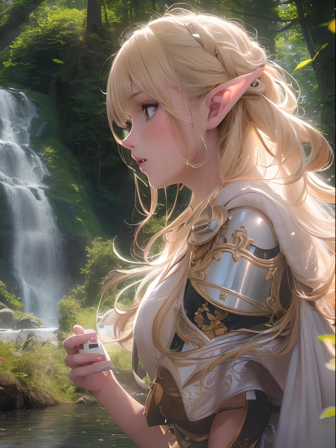 (masutepiece, High resolution, Photorealsitic:1.4), (An enchanting forest elf with a sensual and statue-like figure:1.3), (Shortwear, tight-fitting clothes、Walk towards the river:1.2), (Blonde hair falling in waves:1.2), (Rosy cheeks blush with a hint of shy:1.2), (Surrounded by lush forests:1.2), (The tree々Sunlight coming in from between:1.1), (A sparkling river reflecting the landscape:1.1), (Gentle rustling of leaves in the background:1.1), (Canon EOS R5 mirrorless camera:1.2), (Paired with Canon RF 24-70mm f/2.8 L IS USM Lens。:1.2), (Capture the realism of the moment:1.2), (Celebrate the magical charm of meeting the forest:1.2), (Captivating photos that bring fantasy to life:1.1), Cinematic, ultra-detailliert, Insane details, Beautifully color graded, Unreal Engine, degrees of freedom, Hyper-Resolution, Megapixel, cinematic lightening, Anti-aliasing, FKAA, TXAA, nffsw, SSAO, post processed, Post Production, Tone Mapping, ..CGI, VFX, tokusatsu, insanely detailed and intricat, Hyper maximalist, Hyper realistic, Volumetric, Photorealistic, ultra photoreal, Ultra-detailed, Intricate details, 8K, super detailed, fulcolor, Volumetric lightning, nffsw, Realistic, Unreal Engine, 16 K, Sharp Focus, Octane render --v testp