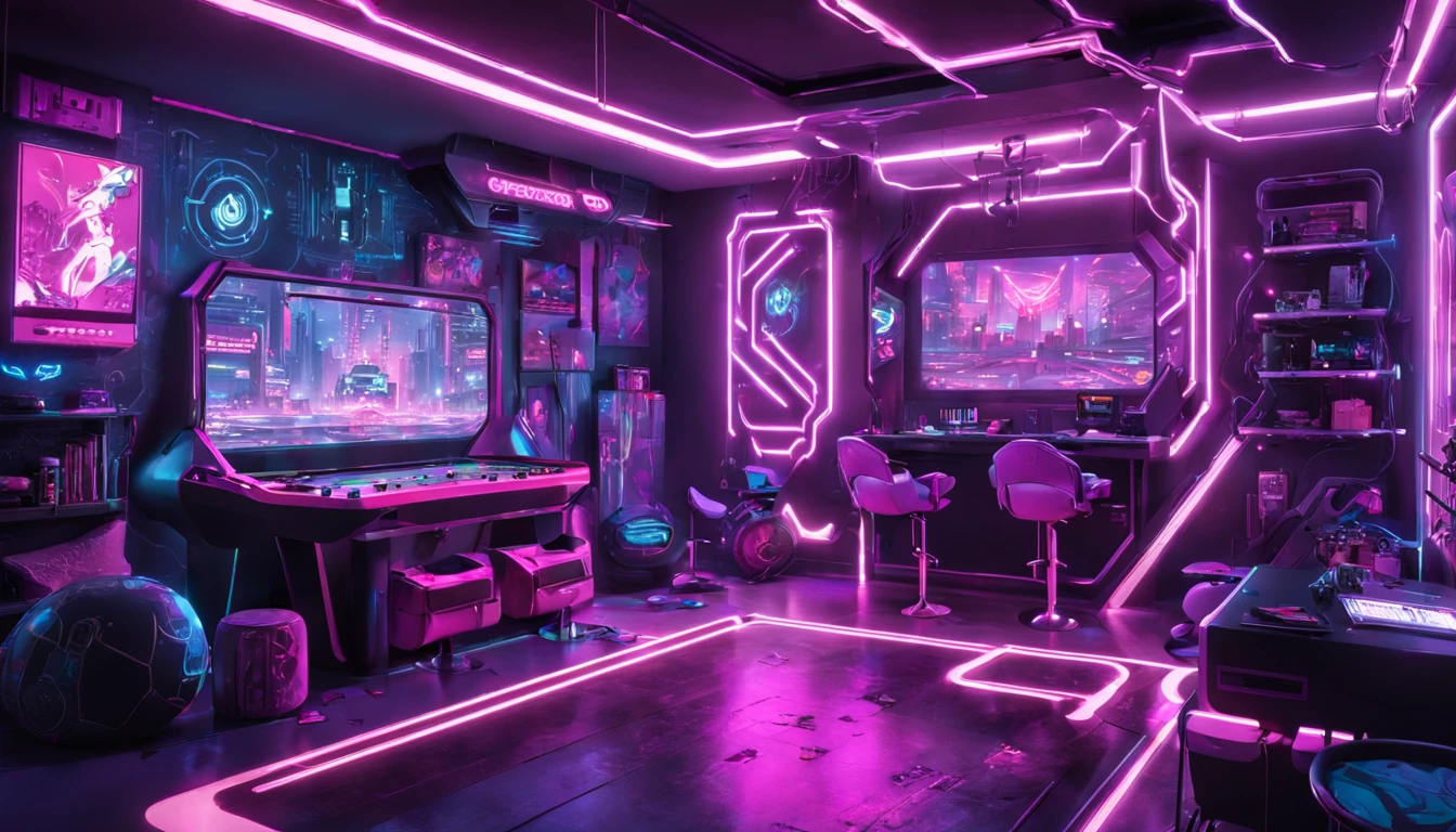 "Vibrant cyberpunk playroom with immersive purple-pink neon lights, Creating a futuristic atmosphere for intense, action-packed gameplay scenes."
